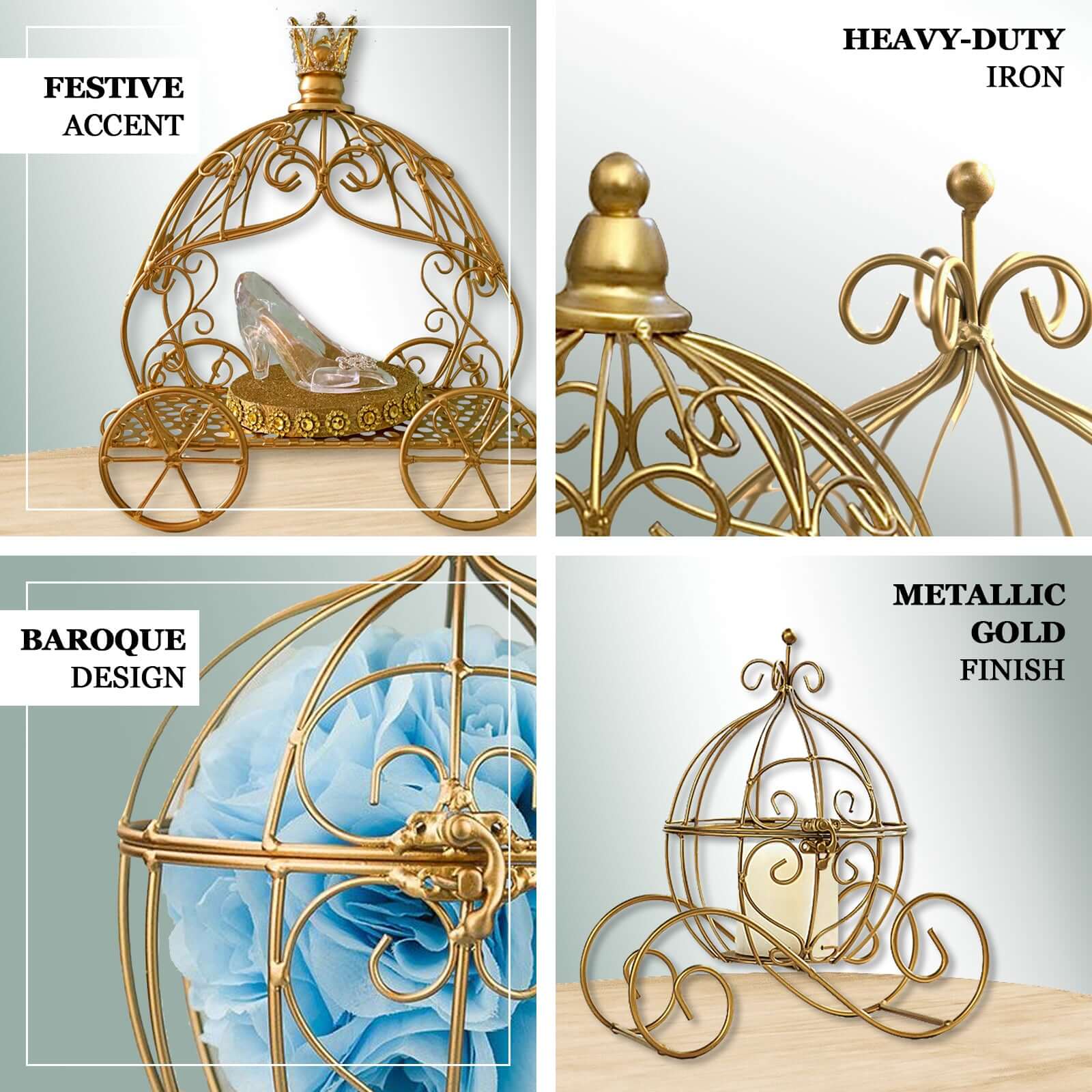 Candle Holder Gold Wrought Iron Cinderella Carriage Card Display - Wedding Table Accent 11" - Linen Luxes