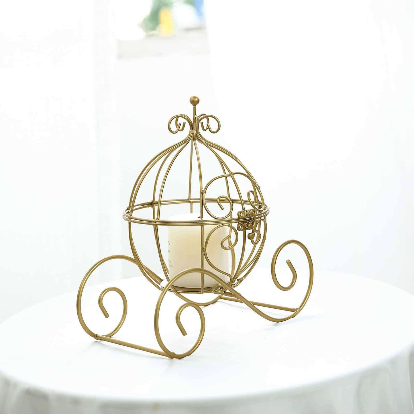 Candle Holder Gold Wrought Iron Cinderella Carriage Card Display - Wedding Table Accent 11" - Linen Luxes