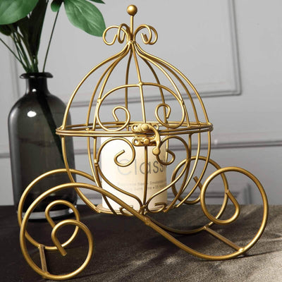 Candle Holder Gold Wrought Iron Cinderella Carriage Card Display - Wedding Table Accent 11" - Linen Luxes