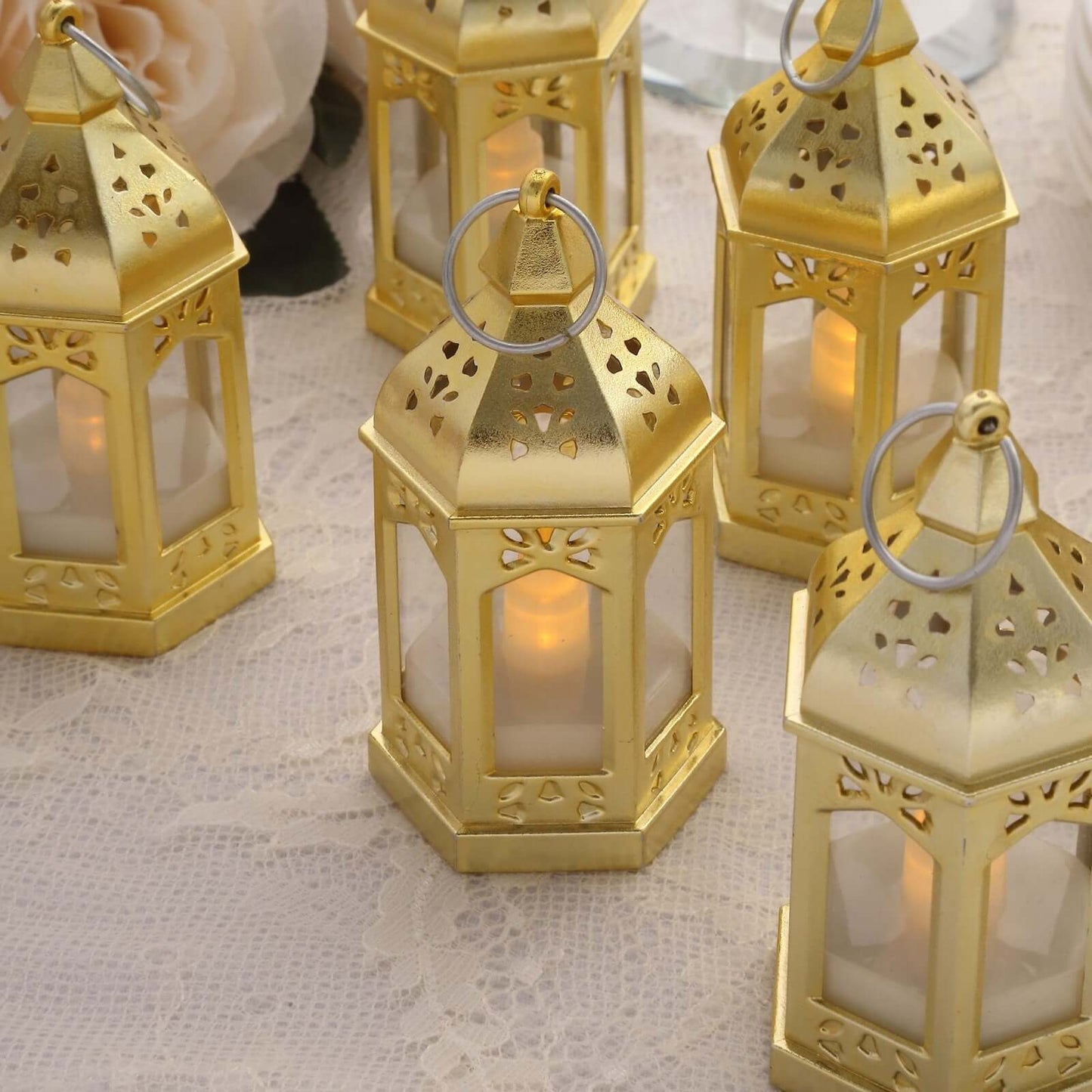 6-Pack LED Tealights Warm White Moroccan Style Gold - Battery Operated Mini Lantern Candle Lamp Centerpieces 3.5"