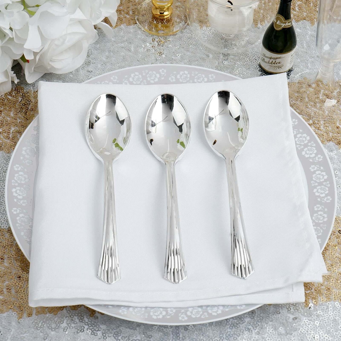 25-Pack Plastic Spoons Silver Heavy Duty with Fluted Handles - Reliable Disposable Cutlery 7"