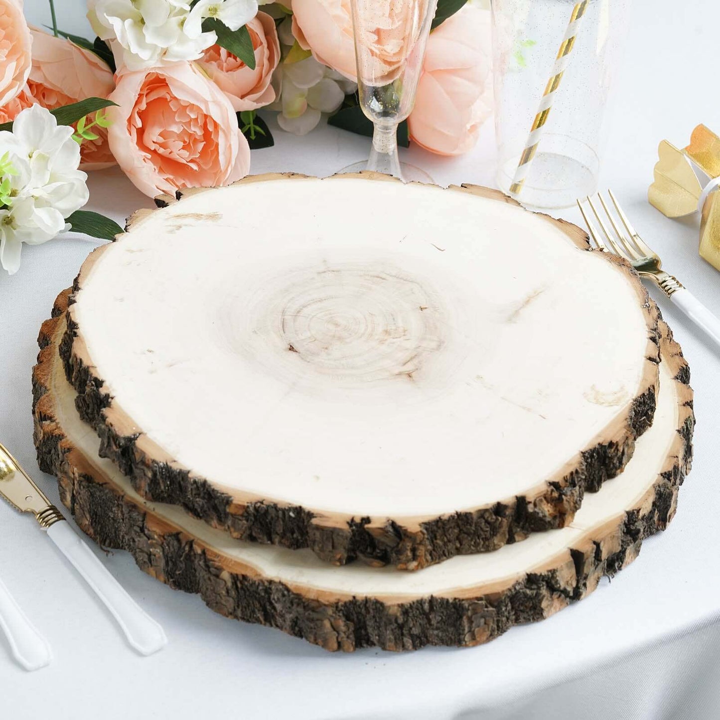 12" Dia Natural Wood Charger Plates With Bark Edge Wood Slice Chargers Rustic Wedding Table Settings