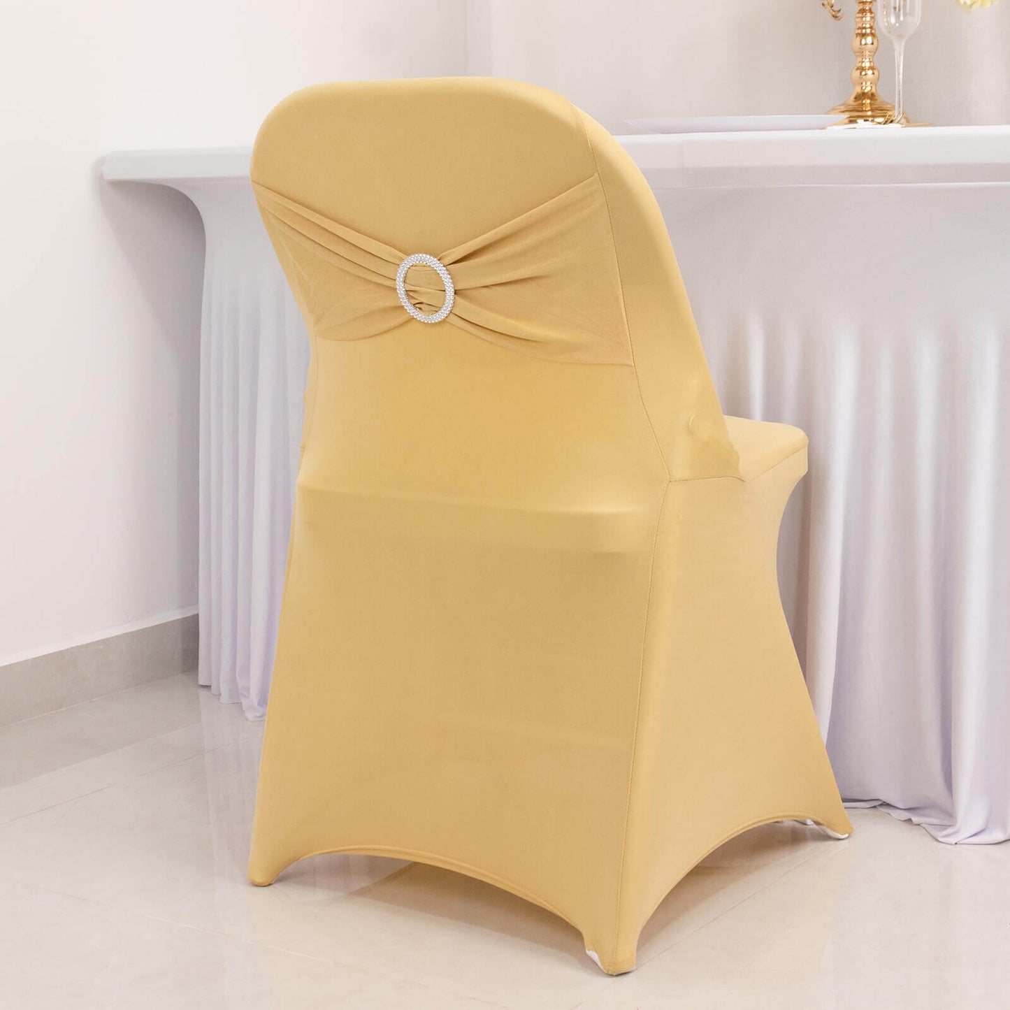 Stretch Spandex Chair Cover Champagne for Folding Chairs - Secure Fit Slipcover with Silver Rhinestone Buckled Sash Band