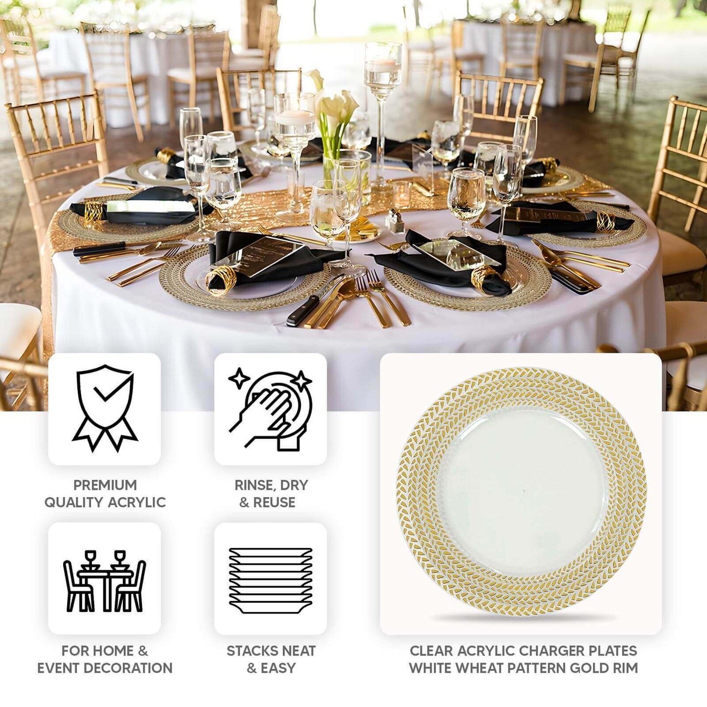 6-Pack Acrylic Round Charger Plates 13" in Clear with Gold Wheat Pattern Rim, Stylish Dinner Party Charger Tableware