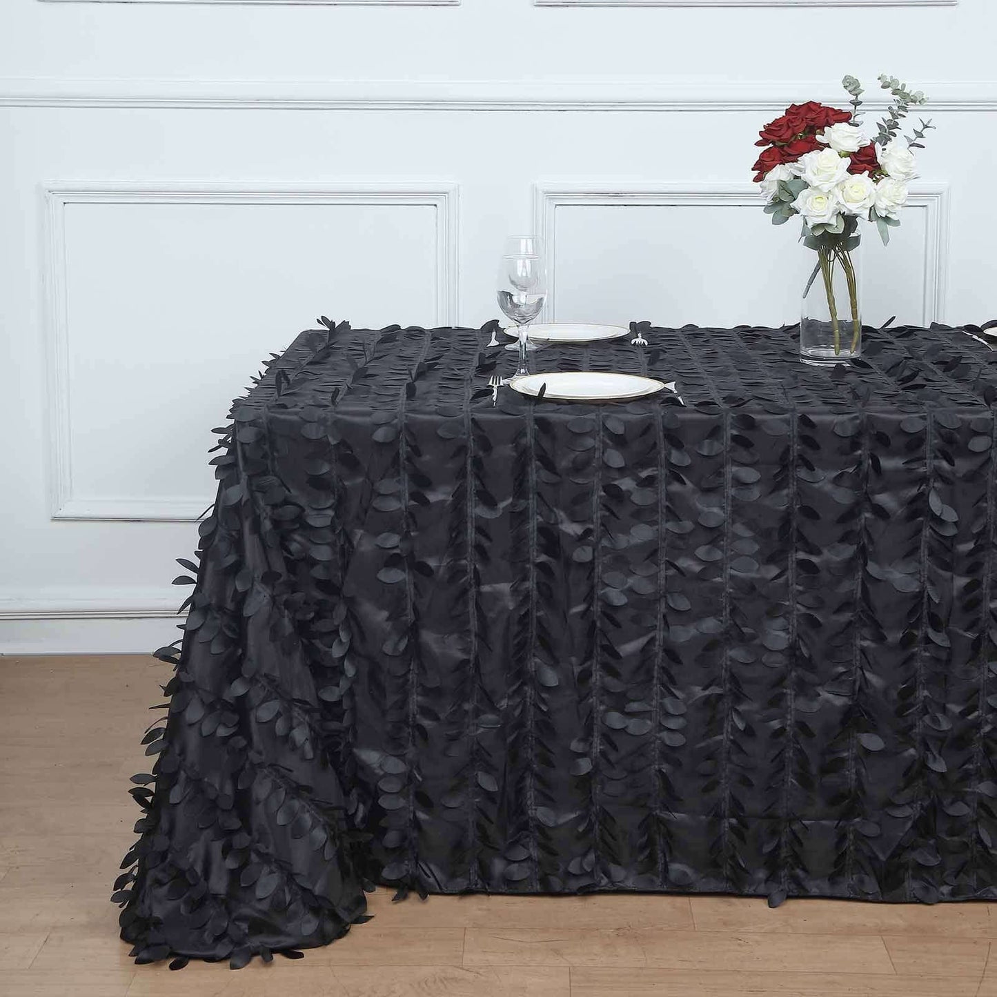 Taffeta 90"x132" Rectangle Tablecloth Black | 3D Leaf Petal Design Seamless Table Cover