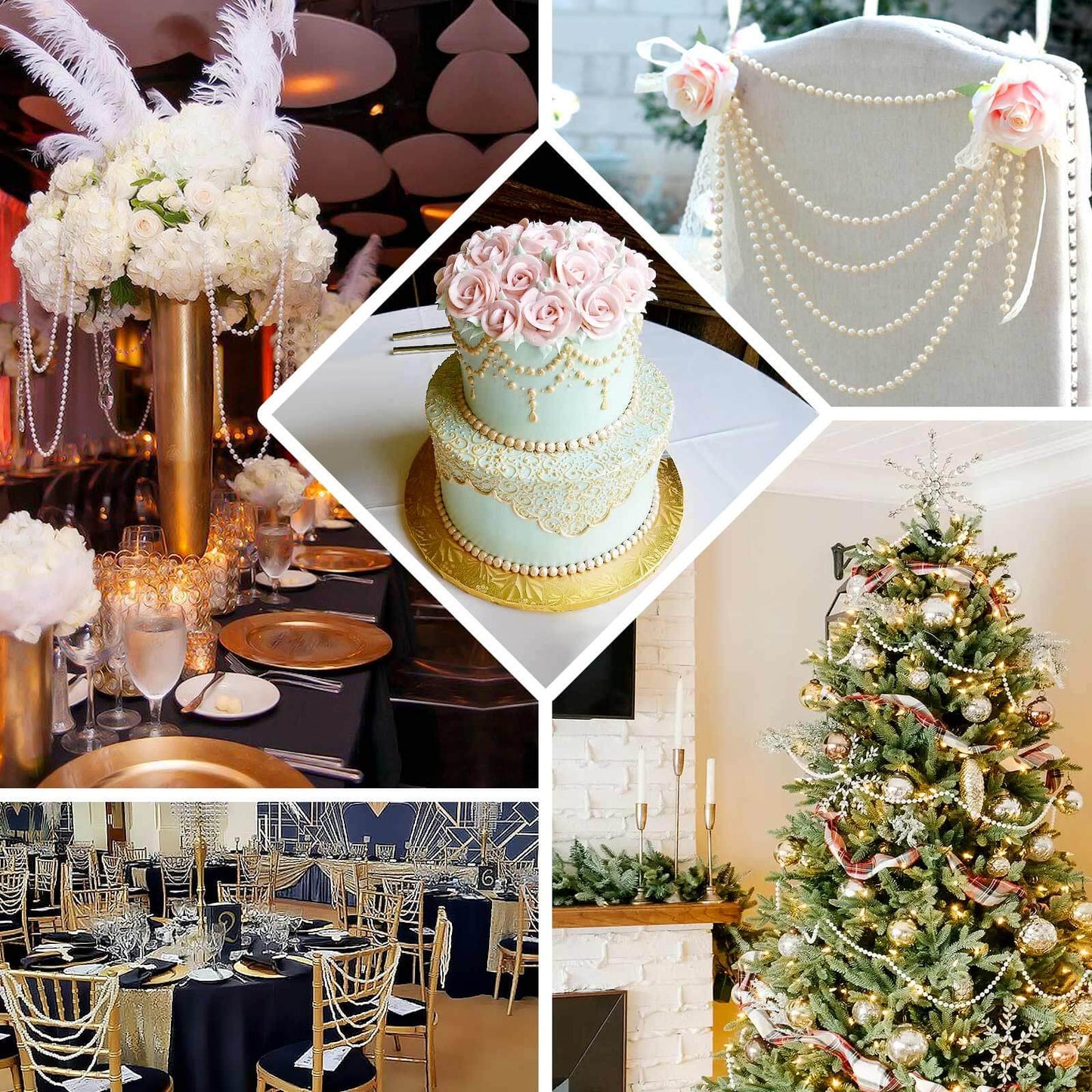 Faux Pearl Beaded 16" Chair Back Garland Sash Clear Gatsby-Inspired Style - Pre-Tied Chic Wedding Decor for Chiavari Chairs