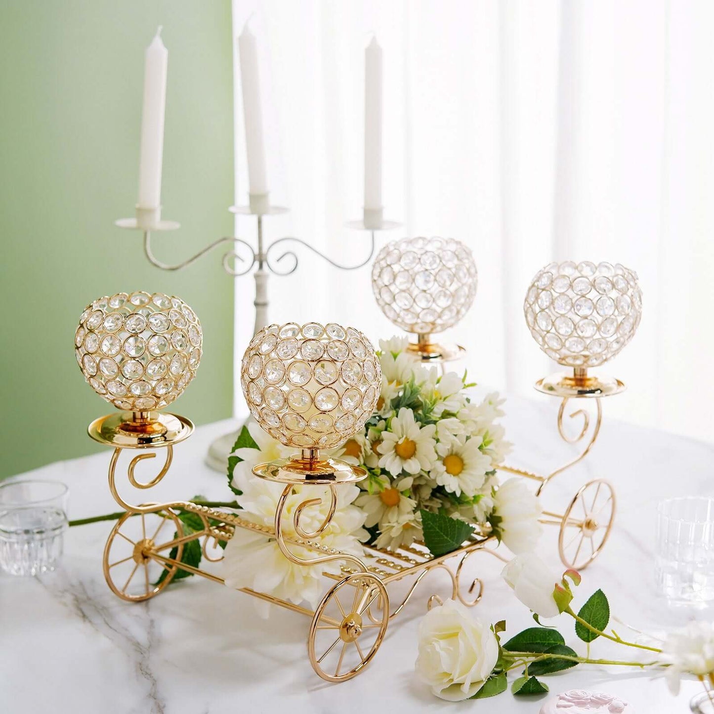 Candle Holder 4-Arm Gold Metal Crystal Cinderella Carriage Wedding Centerpiece - Decorative Display 18"
