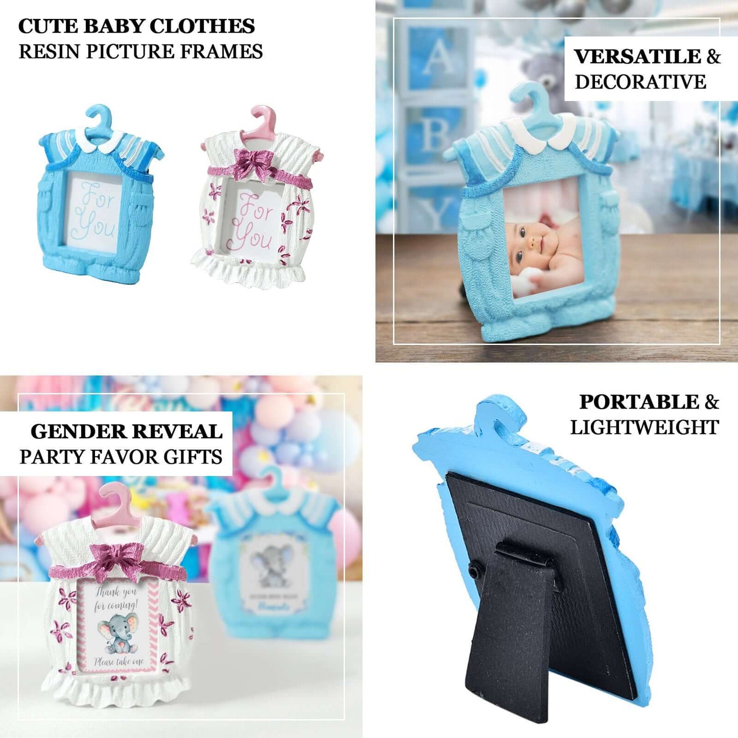 4 Pack Cute 4" Newborn Baby Boy Light Blue Clothes Resin Party Favors Picture Frame, Baby Shower Gender Reveal Party Gifts