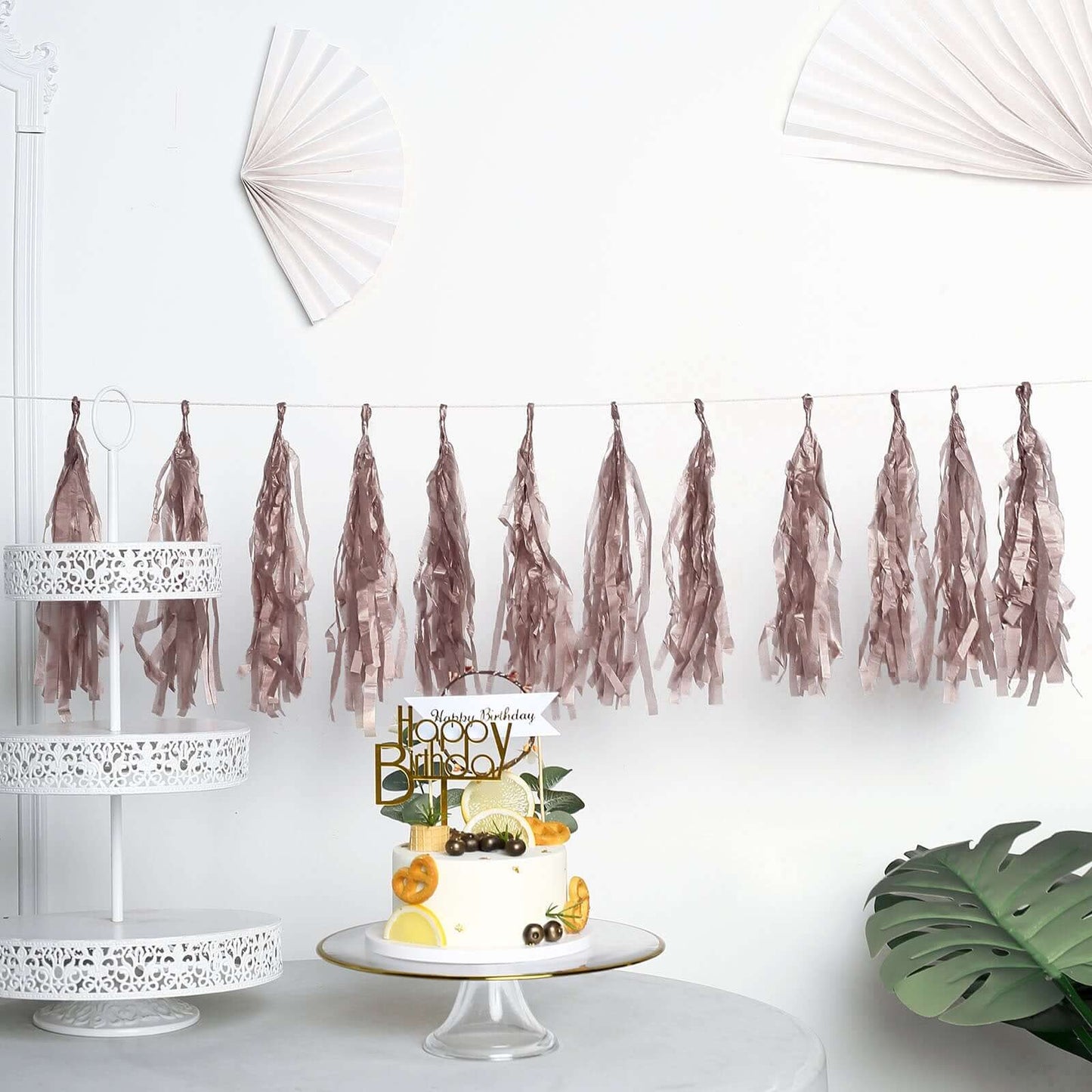12 Pack Pre-Tied Rose Gold Paper Fringe Tassels With Garland String, Hanging Streamer Banner