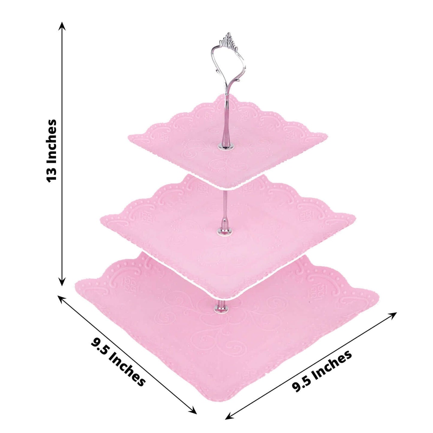 3-Tier Plastic Square Cupcake Stand Tower Pink - Charming Easy to Assemble Dessert Display Serving Tray Platter with Floral Embossed Scalloped Rim & Silver Handle for Tea Parties Weddings & Special Occasions 13"