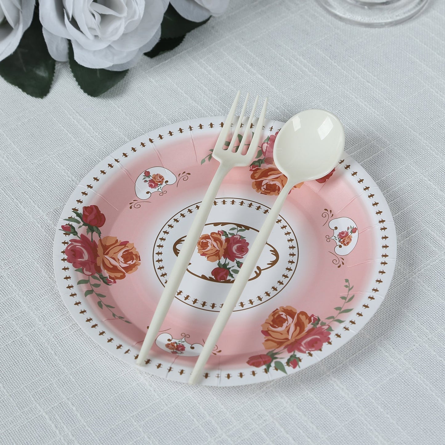 25-Pack Paper 7" Round Dessert Plates in Dusty Rose with Vintage Rose Flower Print - Disposable Appetizer Salad Plates