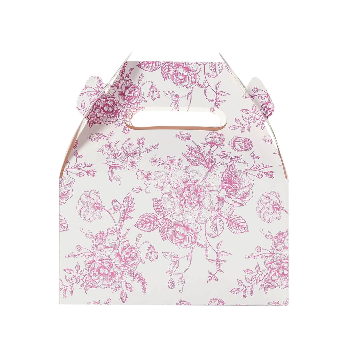 25 Pack Candy Treat Tote Boxes in French Toile Pattern - Matte Pink and White Party Favor Gable Boxes, Cardstock Paper - 6"x3.5"x7"