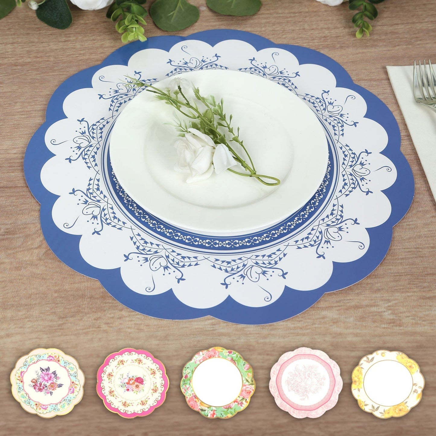 24-Pack Disposable Table Placemats in Assorted Floral Designs with Scalloped Rim - 400GSM Cardboard Placemats for Tea Party & Garden Themes 13"