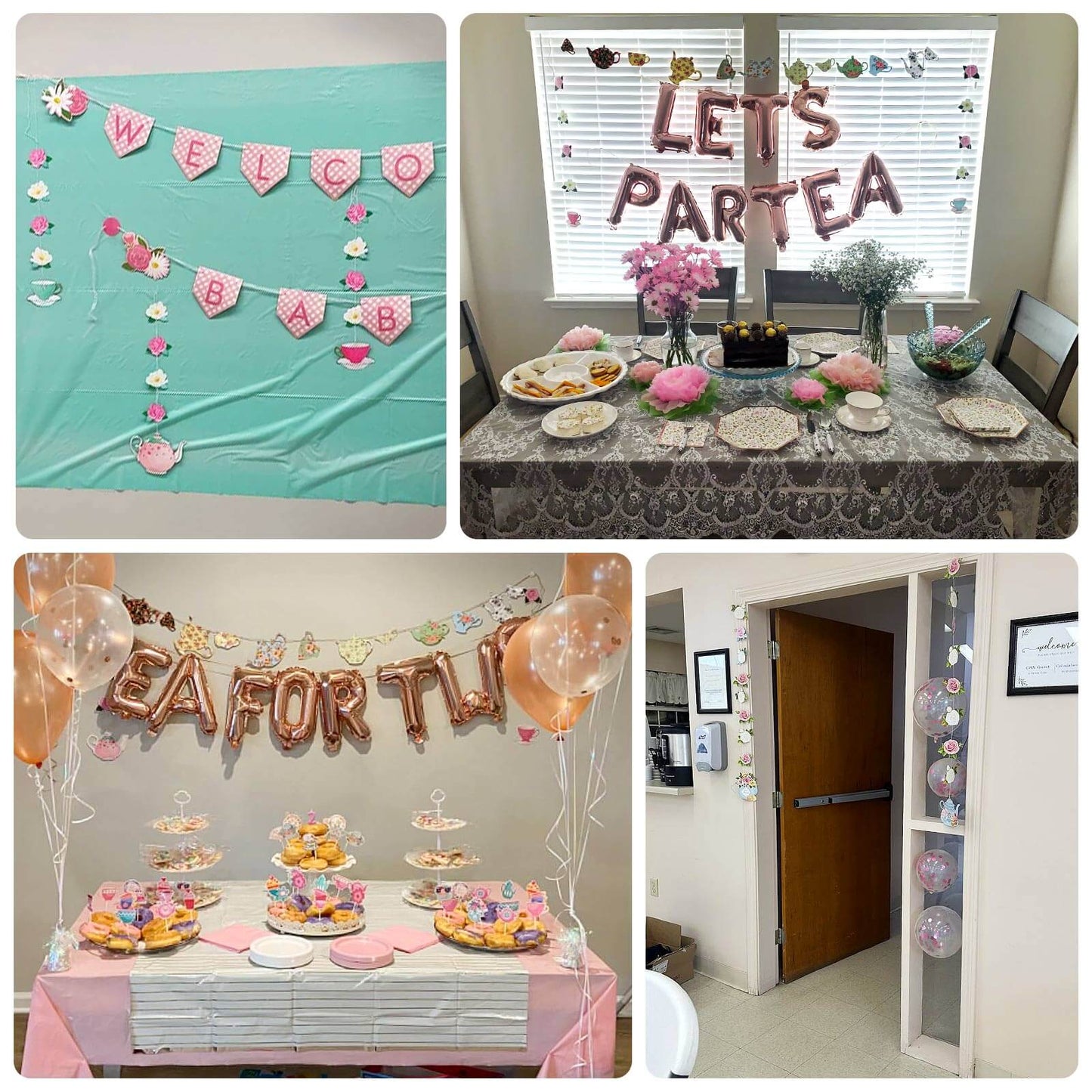 8 Pack Double Sided Floral Tea Party Paper Garland, 40" Pre-Assembled Mixed Teapot Banner Hanging Decorations