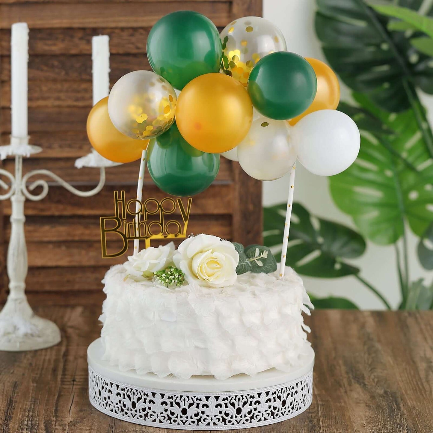 14 Pcs Balloon Cake Topper Clear, Gold, Hunter Green and White - Whimsical Clustered Mini Garland Cake Inserts DIY Party Decorations