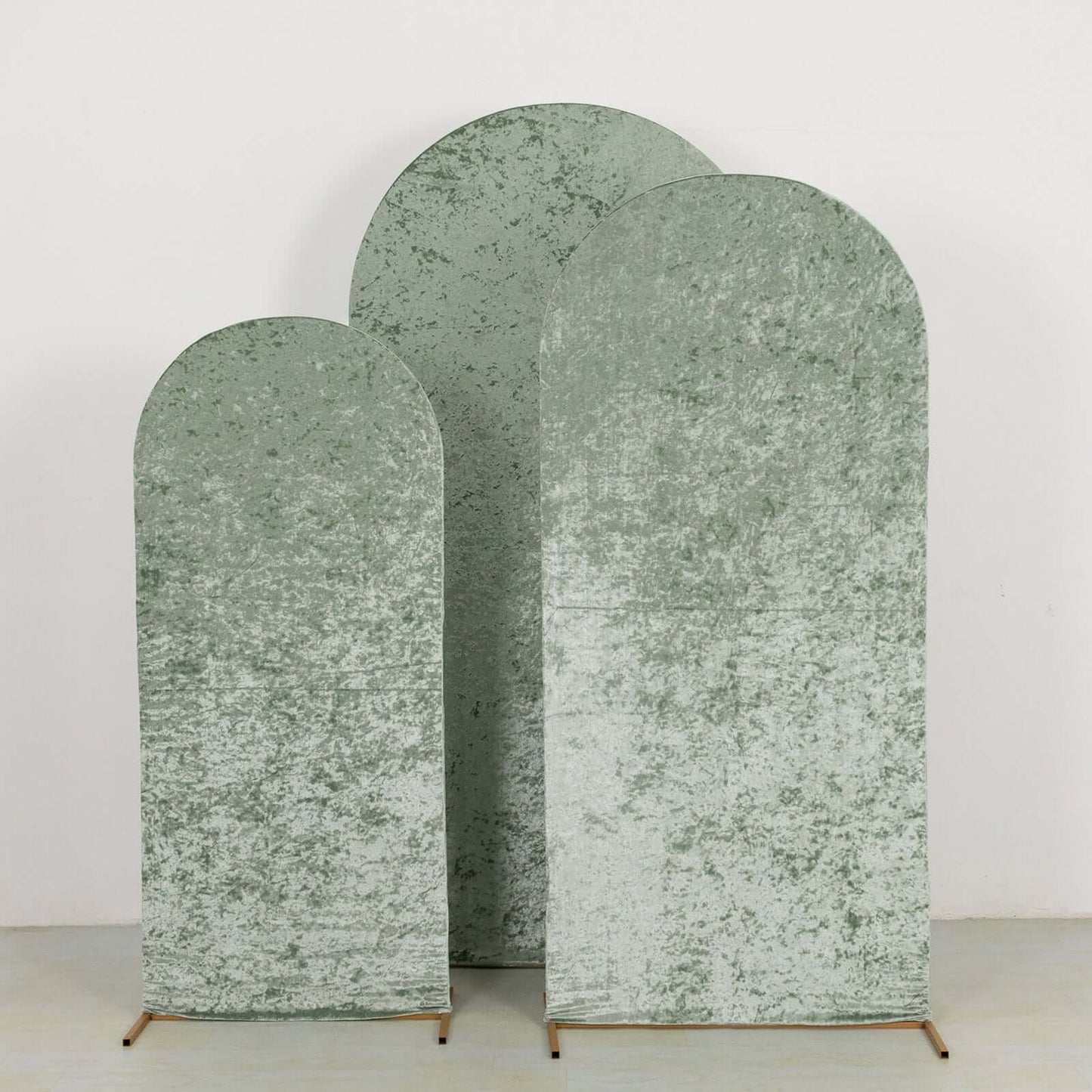 Set of 3 Sage Green Crushed Velvet Chiara Backdrop Stand Covers For Round Top Wedding Arches - 5ft, 6ft, 7ft