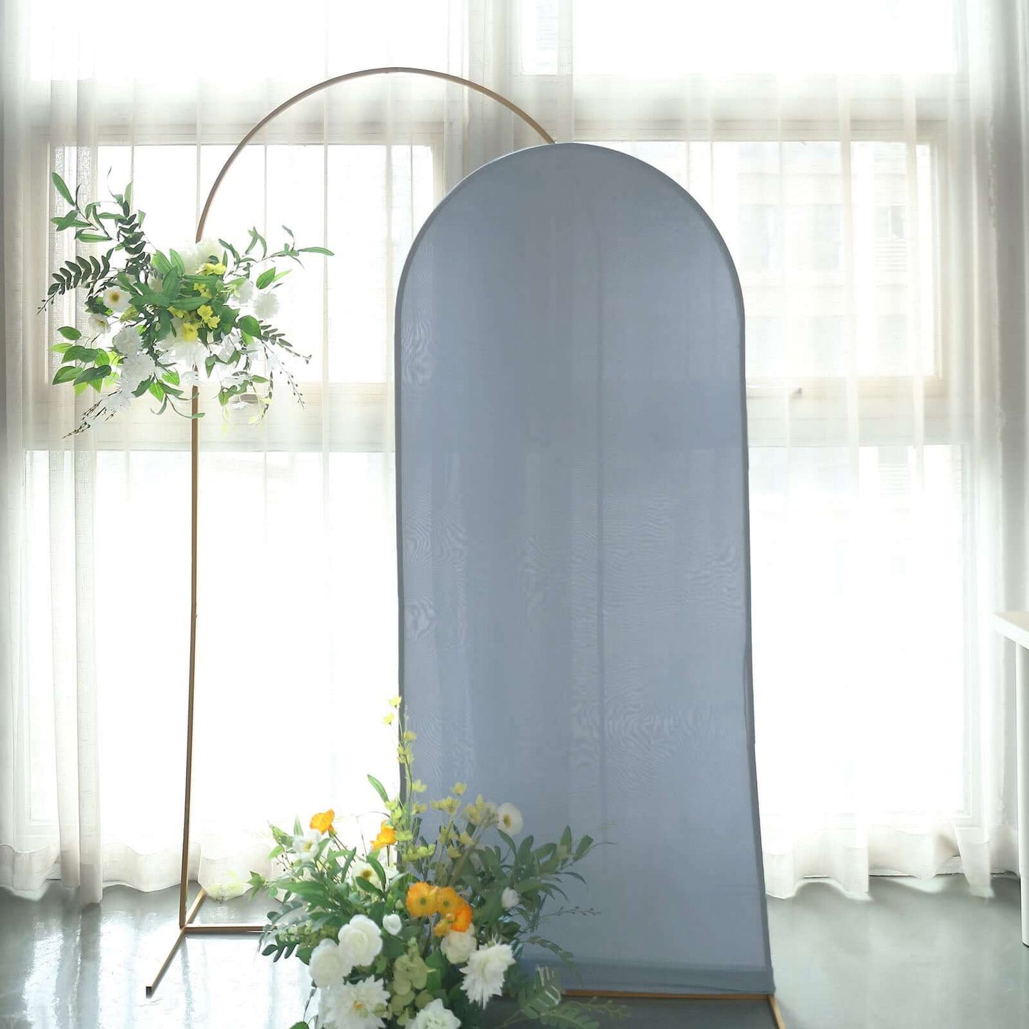 6ft Matte Dusty Blue Spandex Fitted Chiara Backdrop Stand Cover For Round Top Wedding Arch