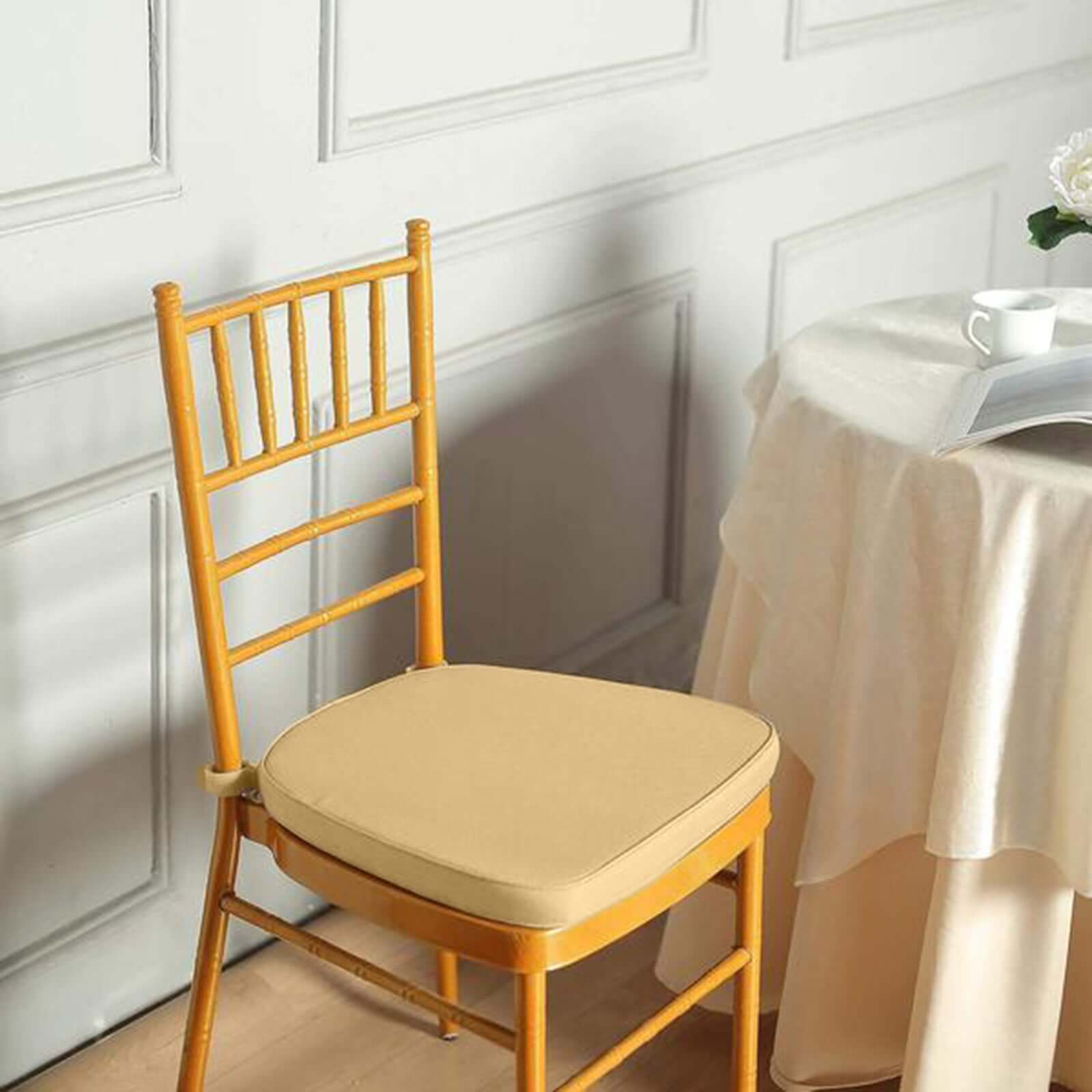 Chiavari Chair Cushion with 1.5" Thick Memory Foam and Ties Champagne - Stylish Removable Cover for Comfort - Linen Luxes