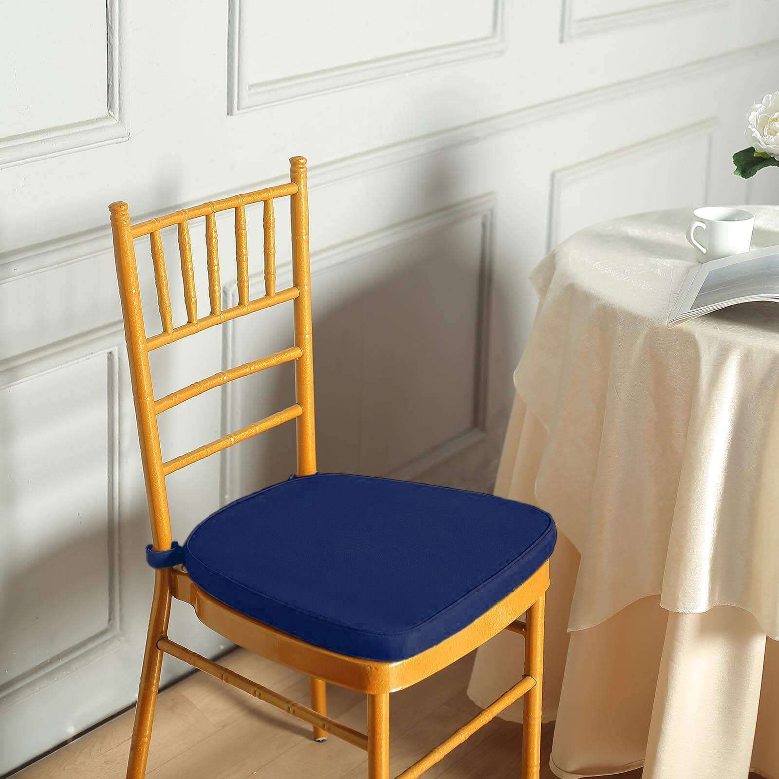 Chiavari Chair Cushion with 1.5" Thick Memory Foam and Ties Navy Blue - Stylish Removable Cover for Comfort - Linen Luxes