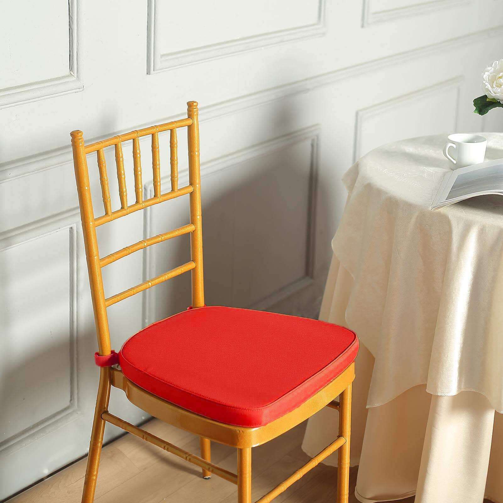 Chiavari Chair Cushion with 1.5" Thick Memory Foam and Ties Red - Stylish Removable Cover for Comfort - Linen Luxes