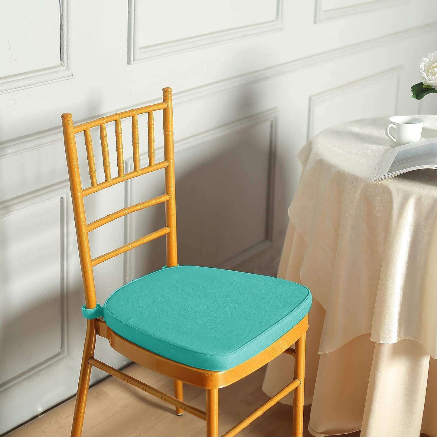 Chiavari Chair Cushion with 1.5" Thick Memory Foam and Ties Turquoise - Stylish Removable Cover for Comfort - Linen Luxes