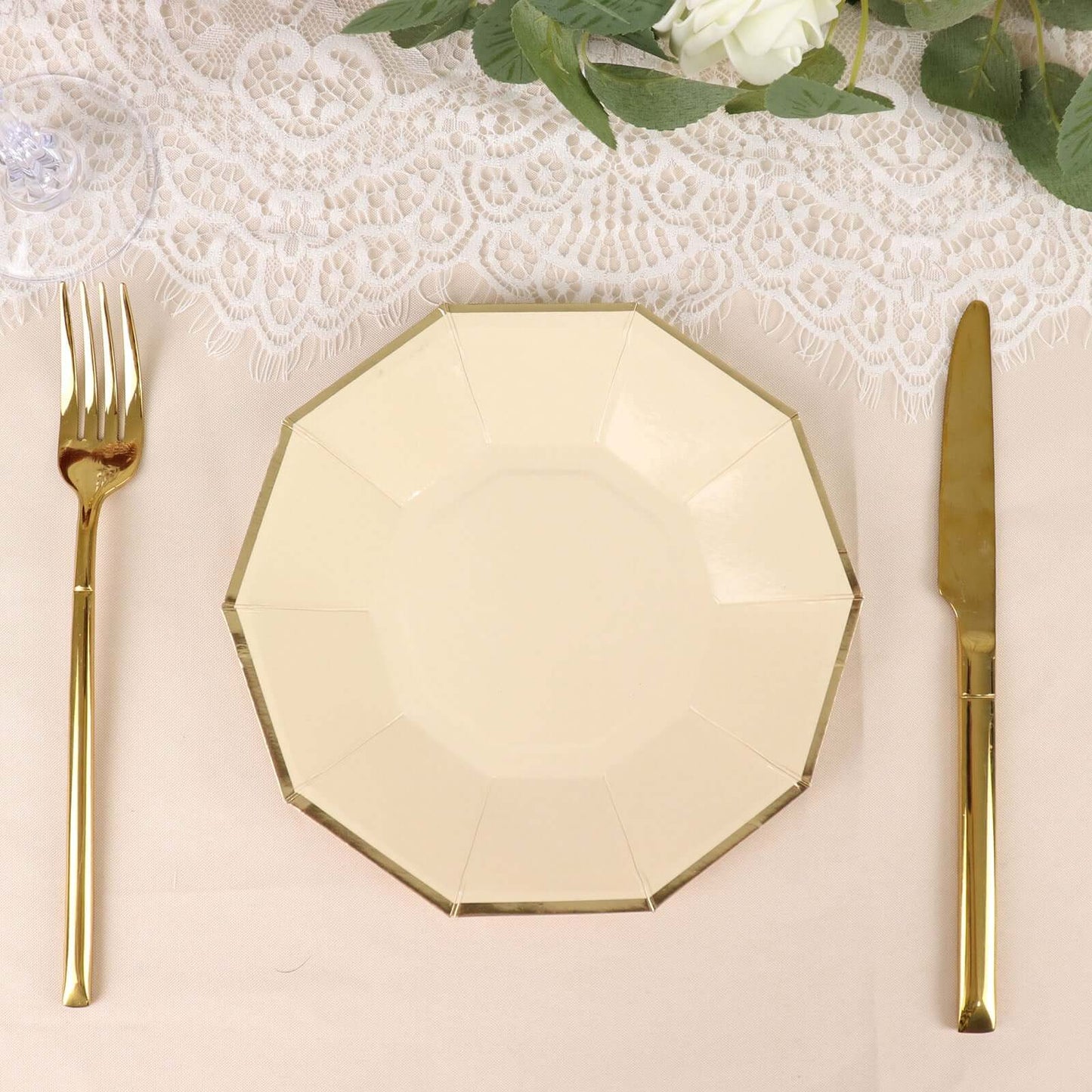 25-Pack Paper 7" Decagon Appetizer Plates in Beige with Gold Foil Rim