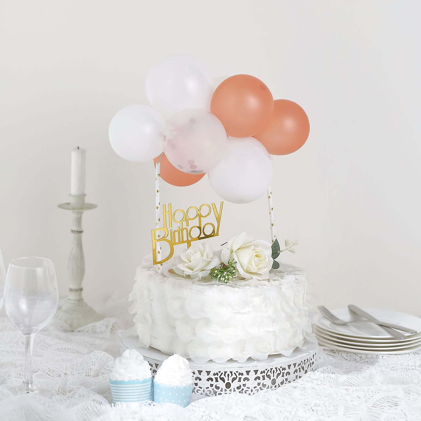 11 Pcs Balloon Cake Topper Clear, Rose Gold and White - Whimsical Clustered Mini Garland Cake Inserts DIY Party Decorations