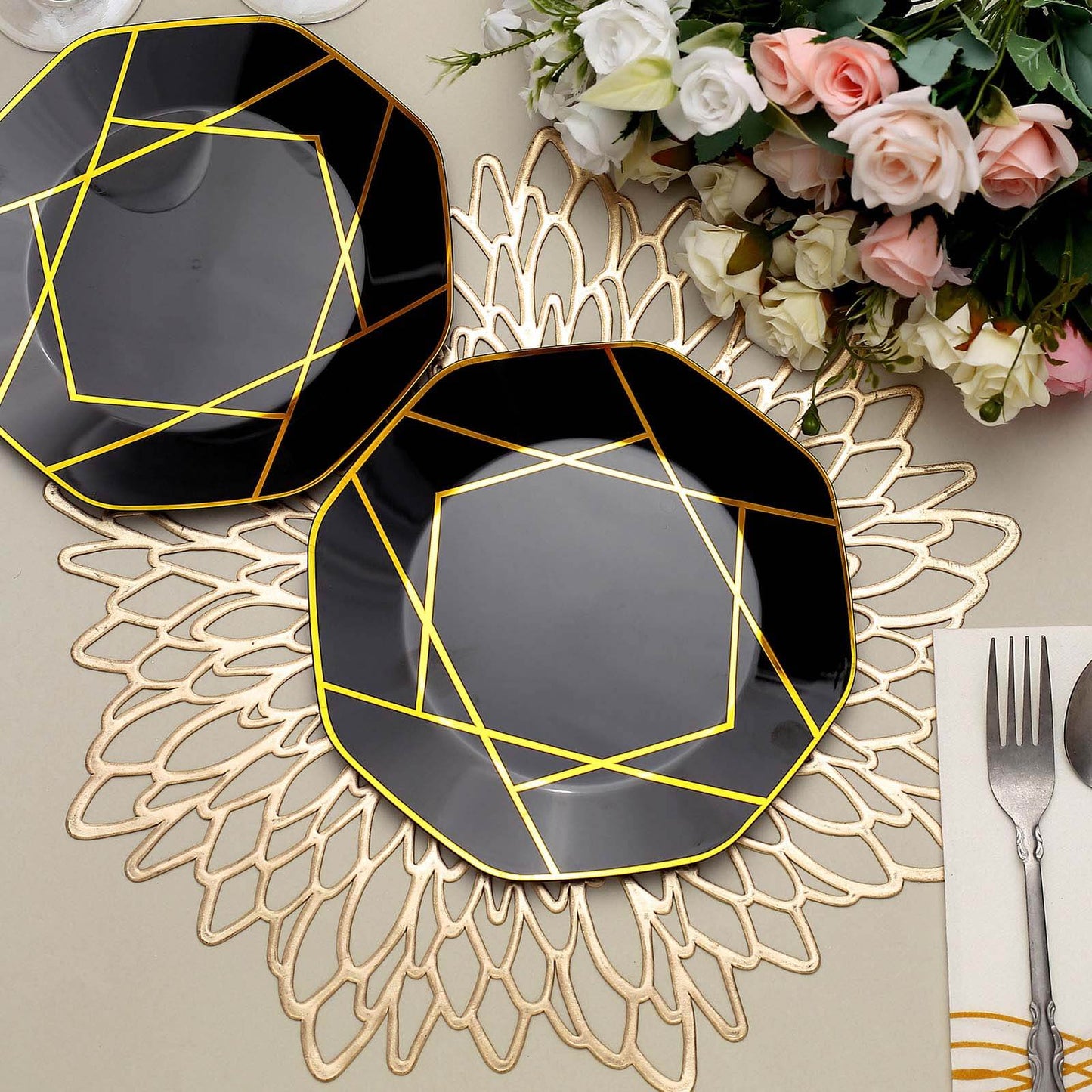 10-Pack Plastic 8" Octagon Dessert Plates in Black - Modern Disposable Salad/Appetizer Plates with Gold Geometric Design for Special Occasions & Celebrations
