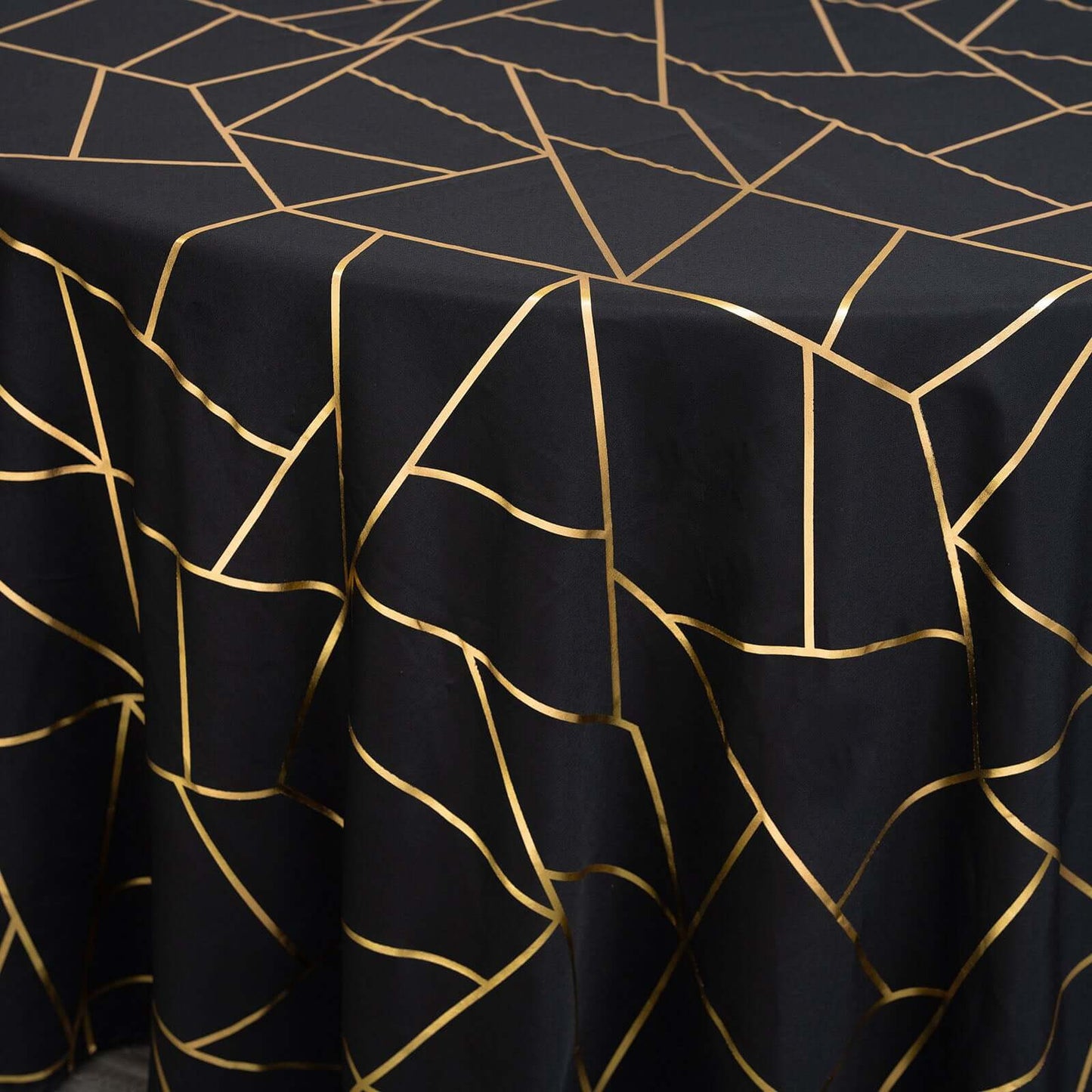 Polyester 120" Round Tablecloth Black with Gold Foil Geometric Pattern Wrinkle-Resistant Seamless Table Cover