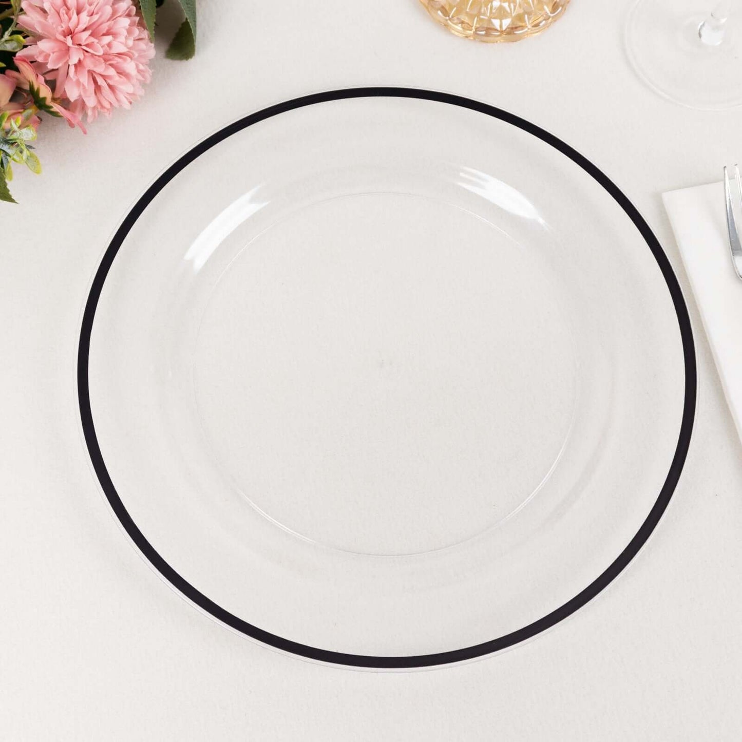 10-Pack Plastic 10" Round Dinner Plates in Clear with Black Rim - Disposable Party Plates for Classy Banquets & Special Occasions