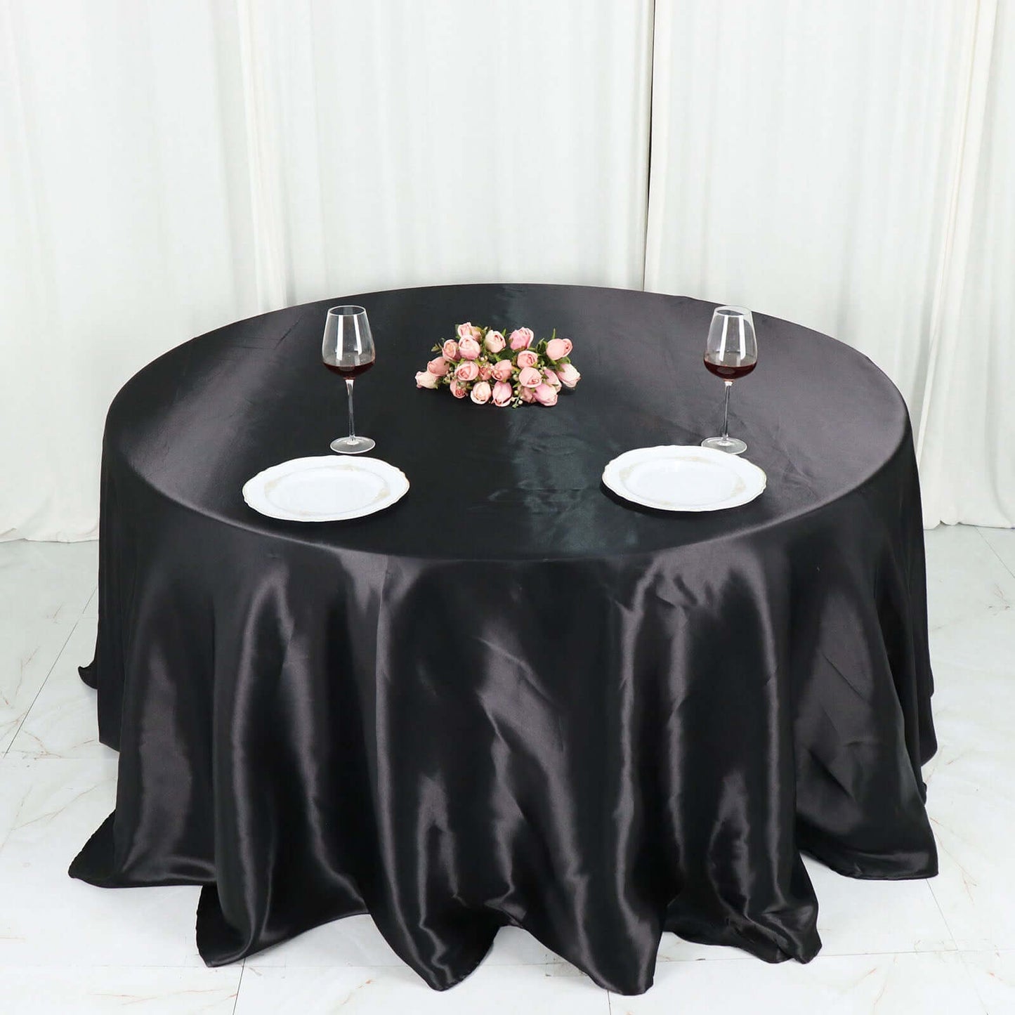 Satin 132" Round Tablecloth Black - Stylish Seamless Table Cover for Weddings & Events