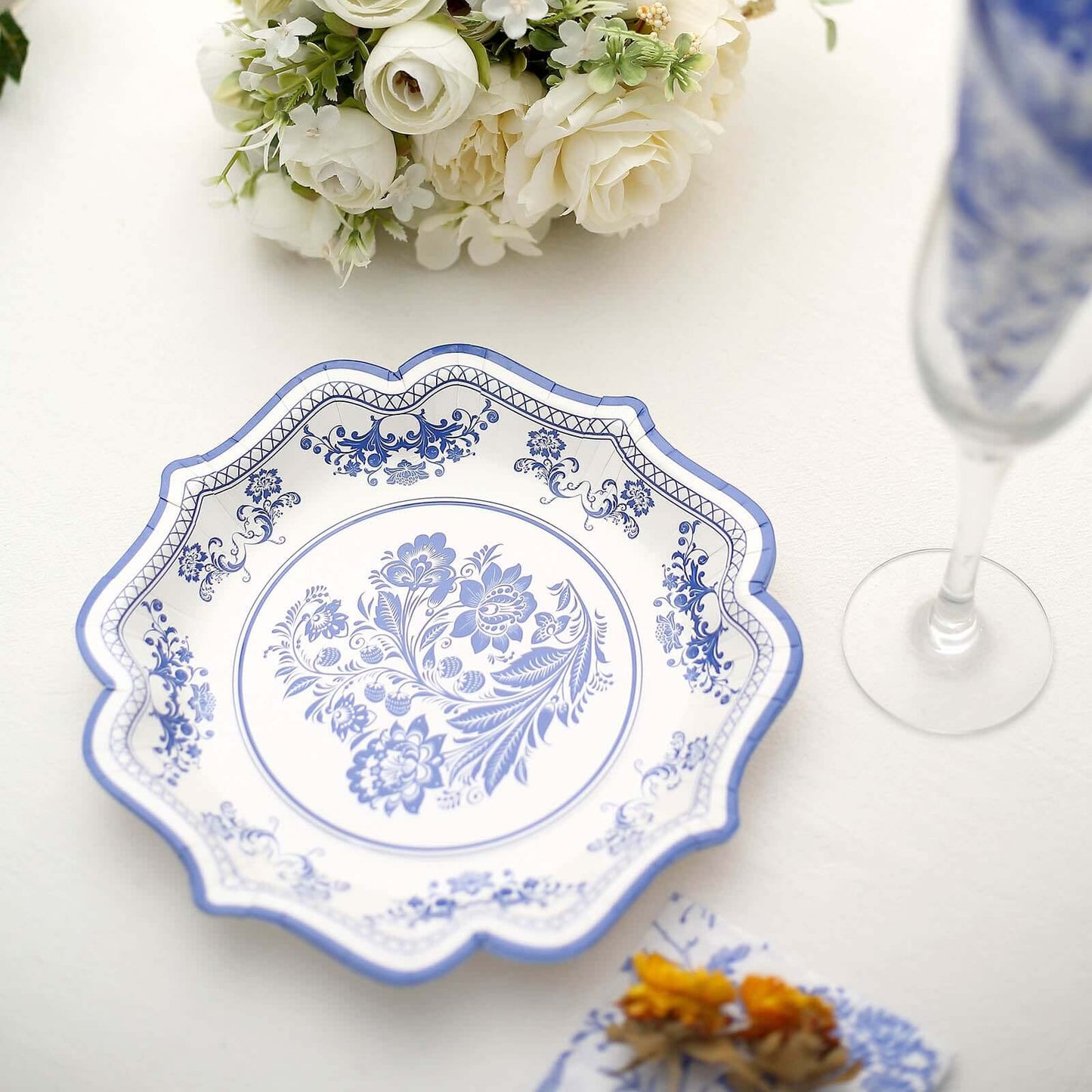 25-Pack Paper Dessert Plates in White with Light Blue Damask Floral Print & Scallop Rim - Stylish Disposable 300GSM Floral Salad Appetizer Plates 8"