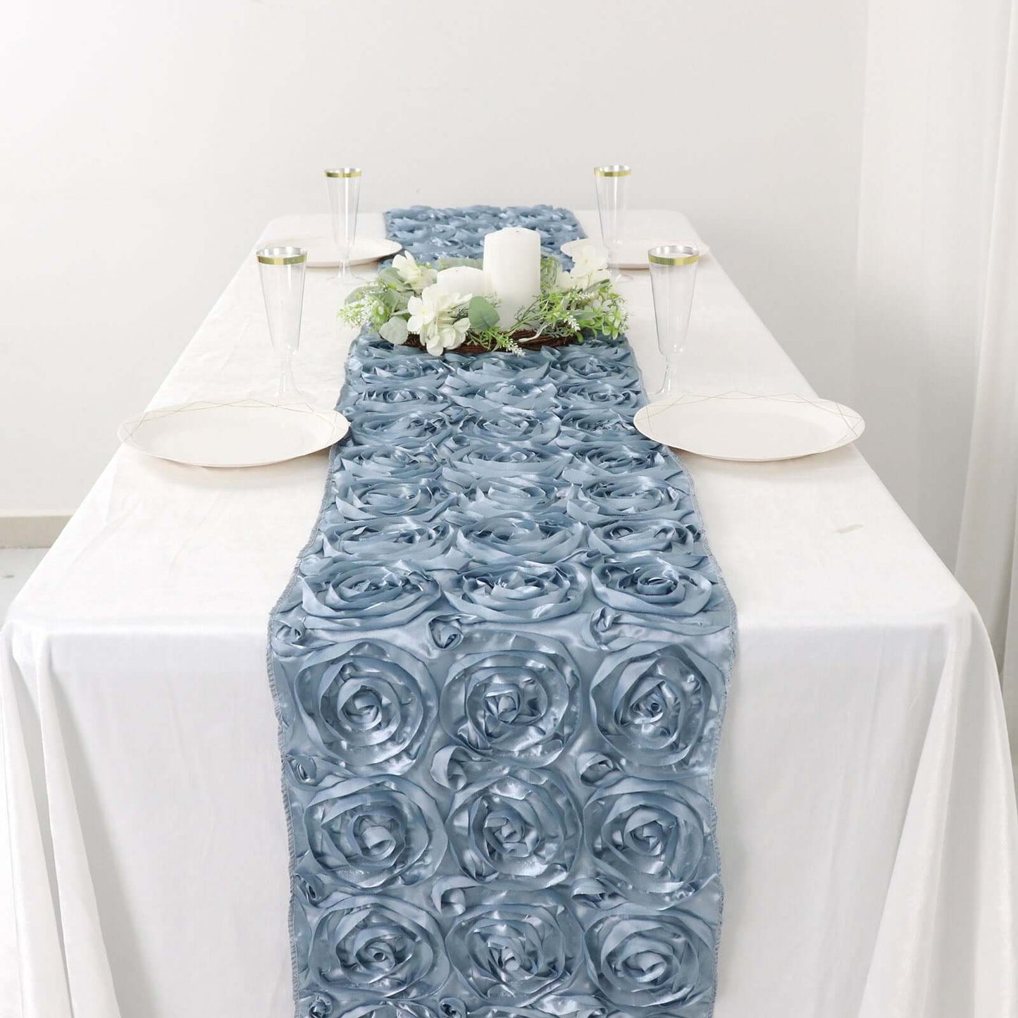 Rosette Satin 14"x108" Table Runner Dusty Blue - Grandiose Design