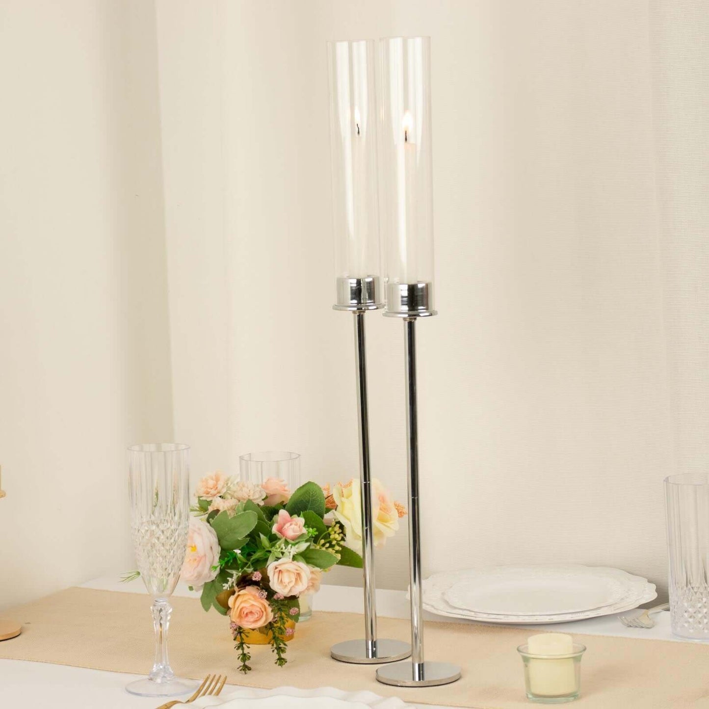 2-Pack Silver Metal Taper Candlestick Holders, Clear Glass Hurricane Candle Stands With Chimney Candle Shades 24"