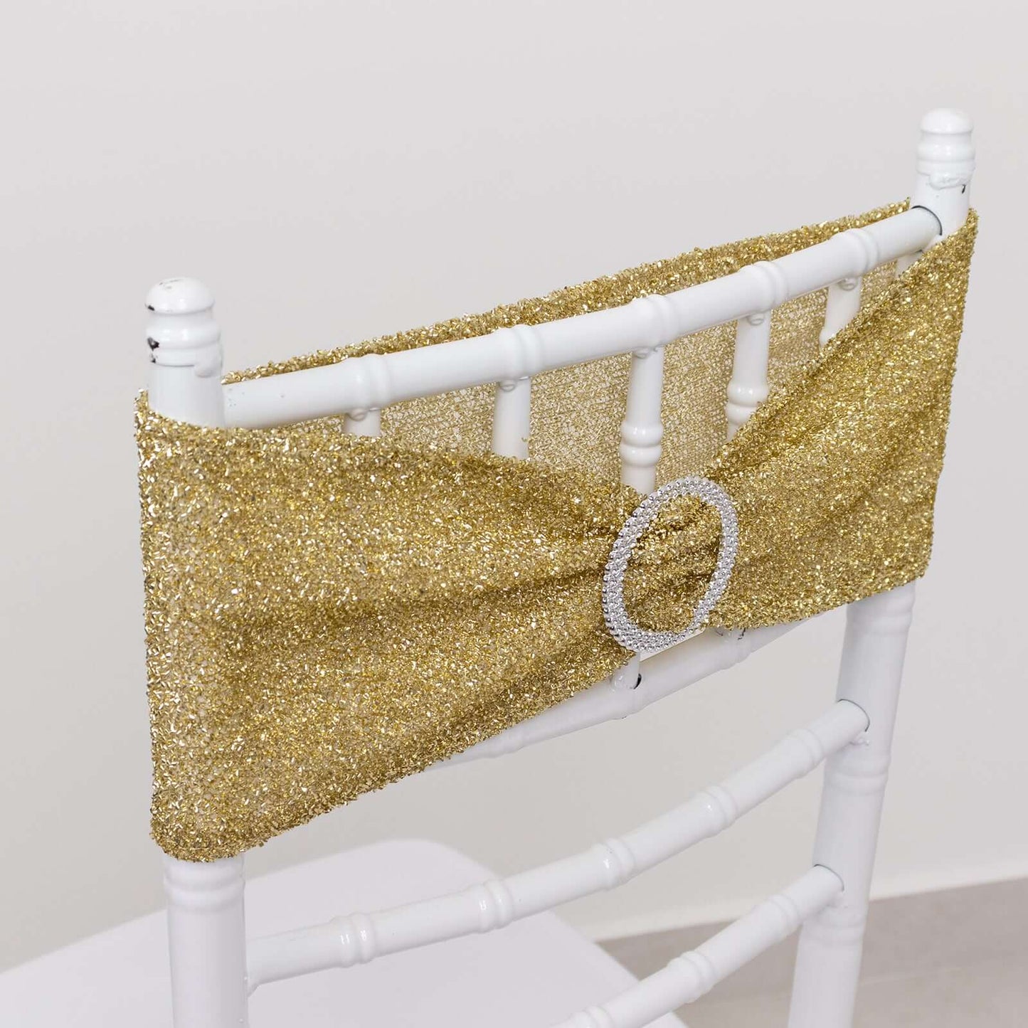 5 Pack Chair Sashes Shimmer Tinsel Spandex 5"x12" with Silver Rhinestone Buckles Champagne - Stylish Chair Bands