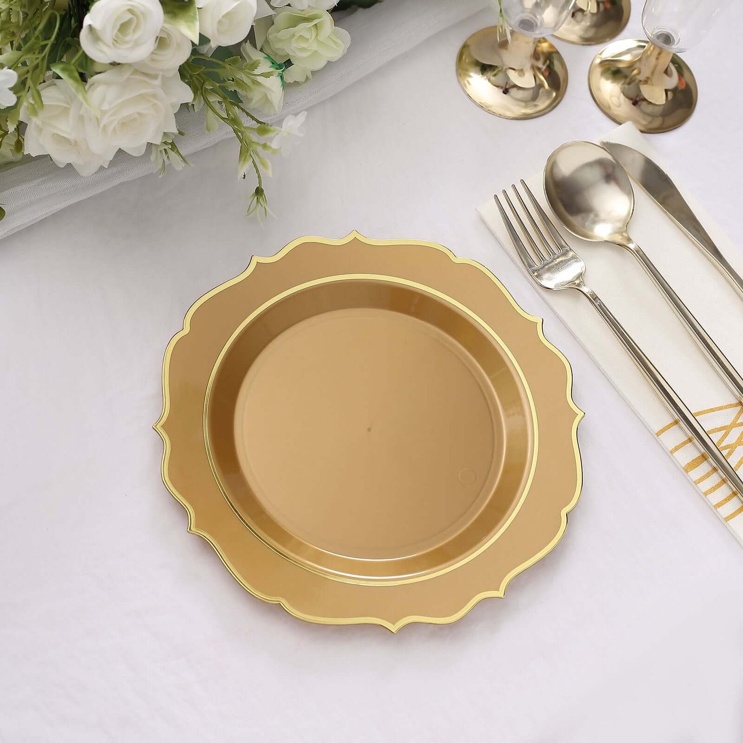 10-Pack Plastic 8" Round Dessert Plates in Gold with Gold Scalloped Rim - Disposable Appetizer/Salad Plates