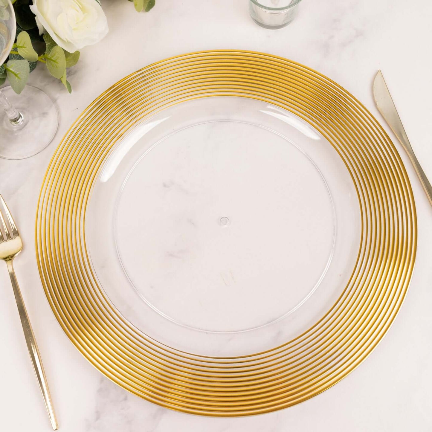 6-Pack Plastic Round Charger Plates 13" in Clear with Gold Lined Ring Rim, Classy Dinner Serving Plates