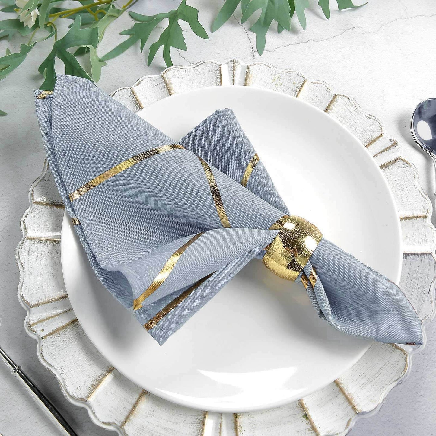 5 Pack Polyester 20"x20" Napkins Dusty Blue with Gold Geometric Foil Pattern - Modern Reusable Dinner Napkins