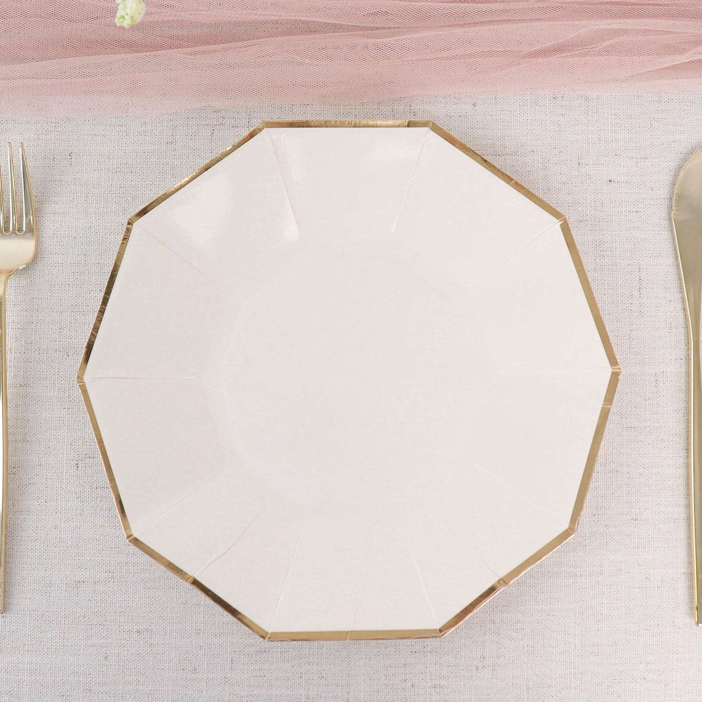 25-Pack Paper 9" Decagon Dinner Plates in White with Gold Foil Rim - Disposable Geometric Party Plates for Modern Weddings & Events