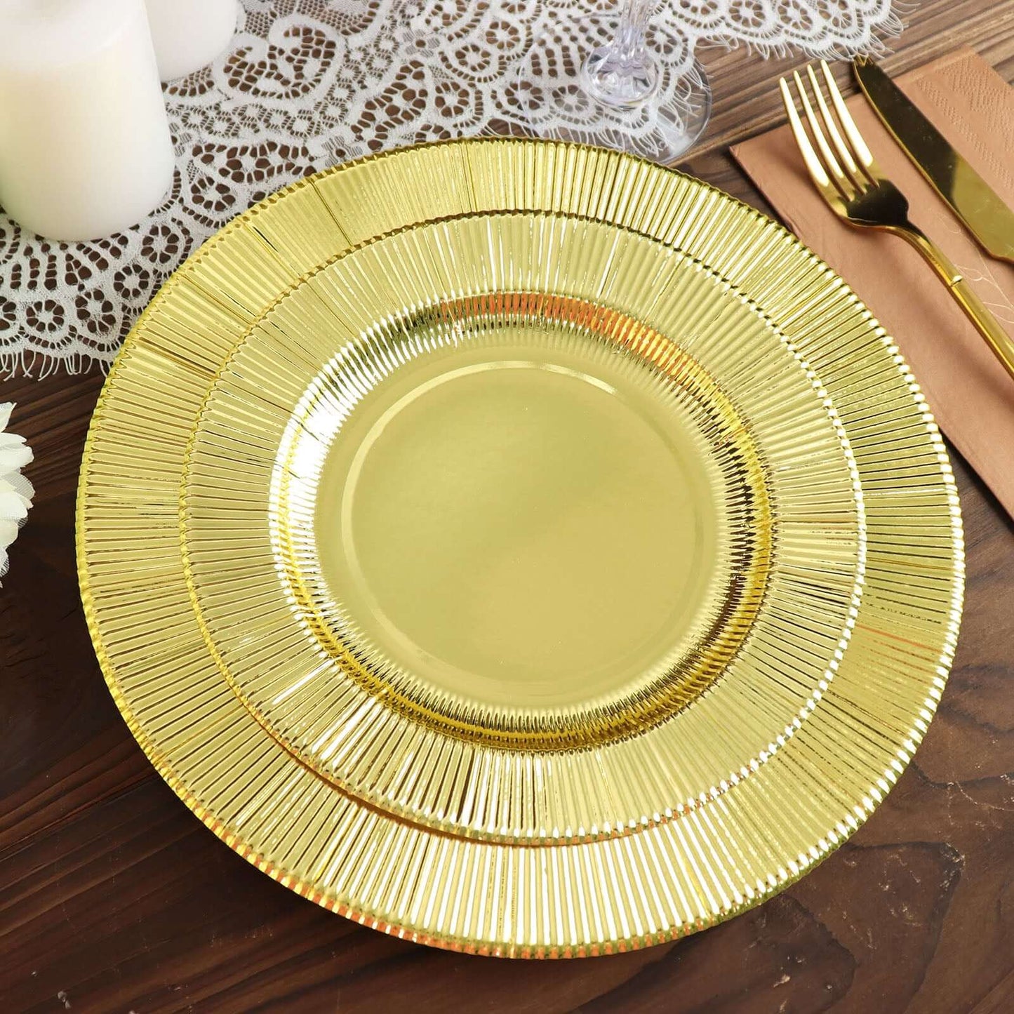 25-Pack Paper 10" Round Dinner Plates in Metallic Gold Sunray Design - Disposable Heavy Duty 350GSM Party Plates
