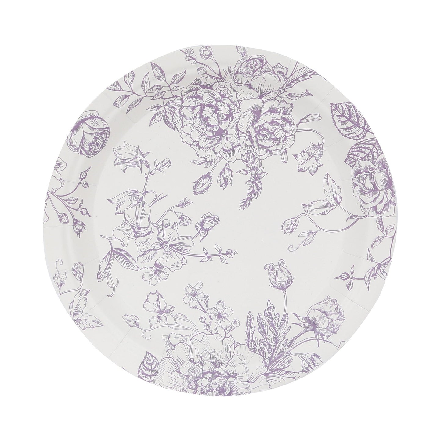 25-Pack Paper 7" Round Dessert Plates in White with Matte Lavender French Toile Pattern - Disposable Floral Salad Appetizer Plates