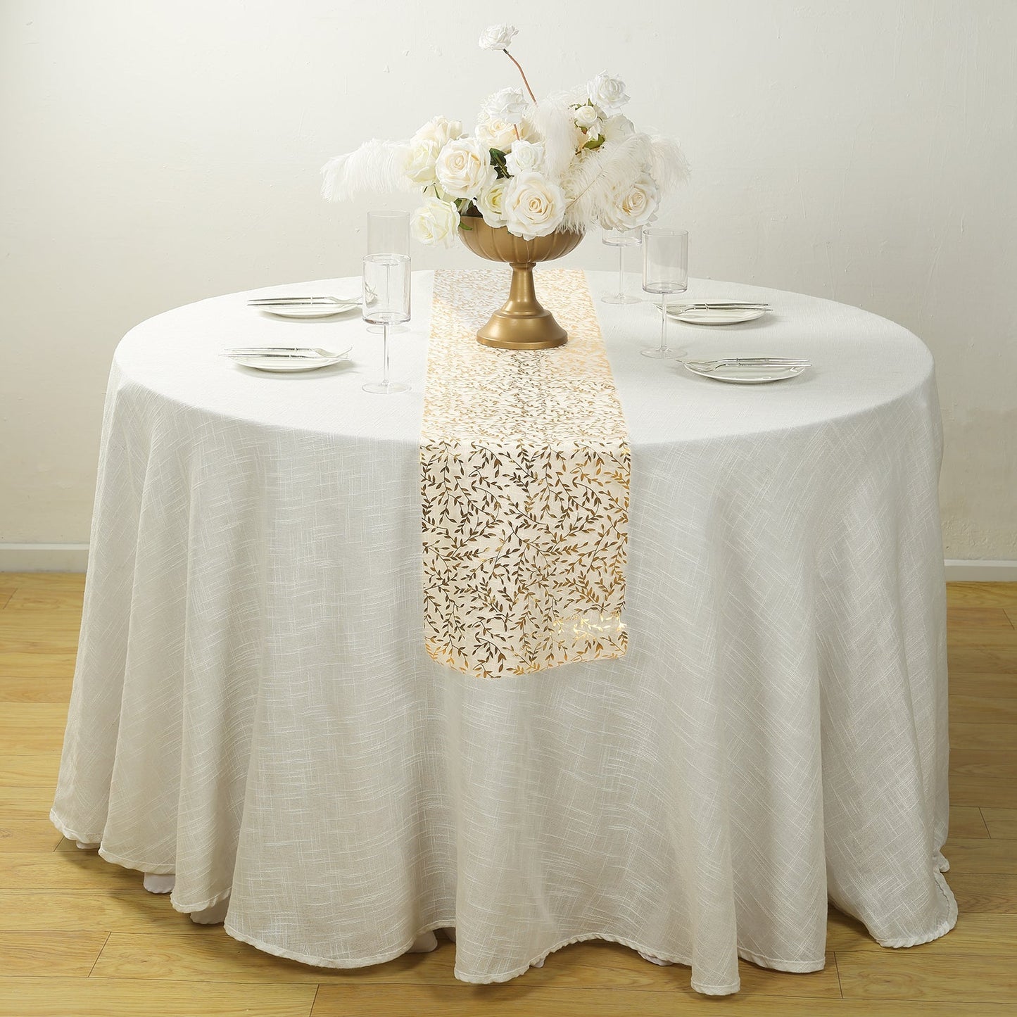 5 Pack Organza Mesh 11"x108" Table Runner Rolls White with Gold Foil Leaf Vines - Disposable Stylish & Chic Table Decor