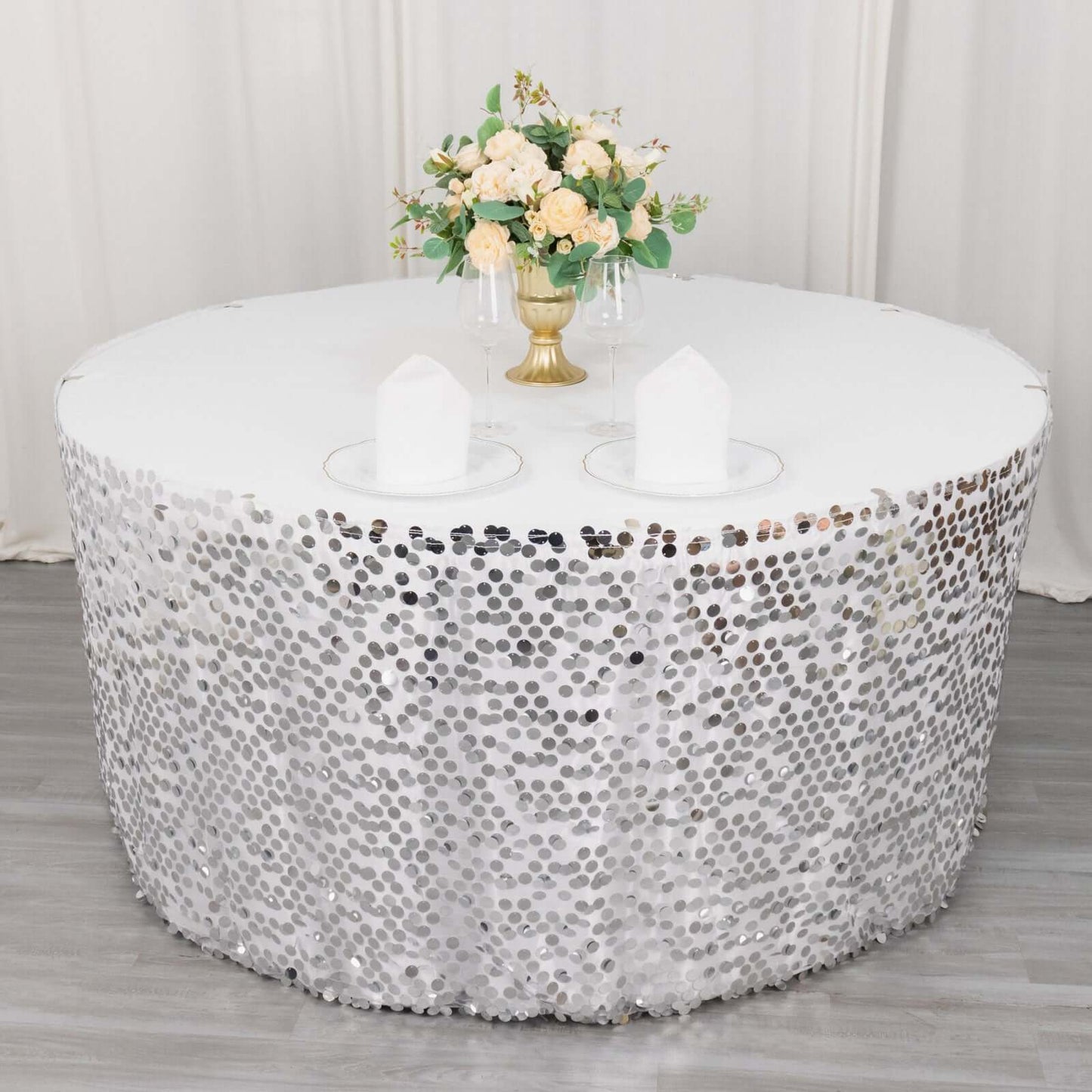 Payette Sequin 21ft Table Skirt Silver - Dual Layered Satin Table Cover