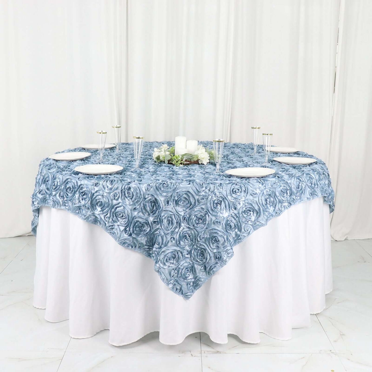 Satin 72"x72" Table Overlay Square Tablecloth Dusty Blue - 3D Rosette Table Cover