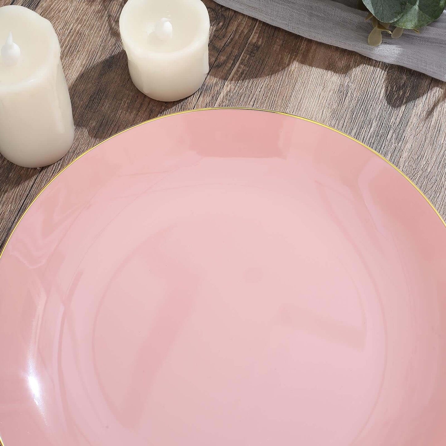 10-Pack Plastic 10" Round Dinner Plates in Dusty Rose with Gold Rim - Glossy Disposable Party Plates