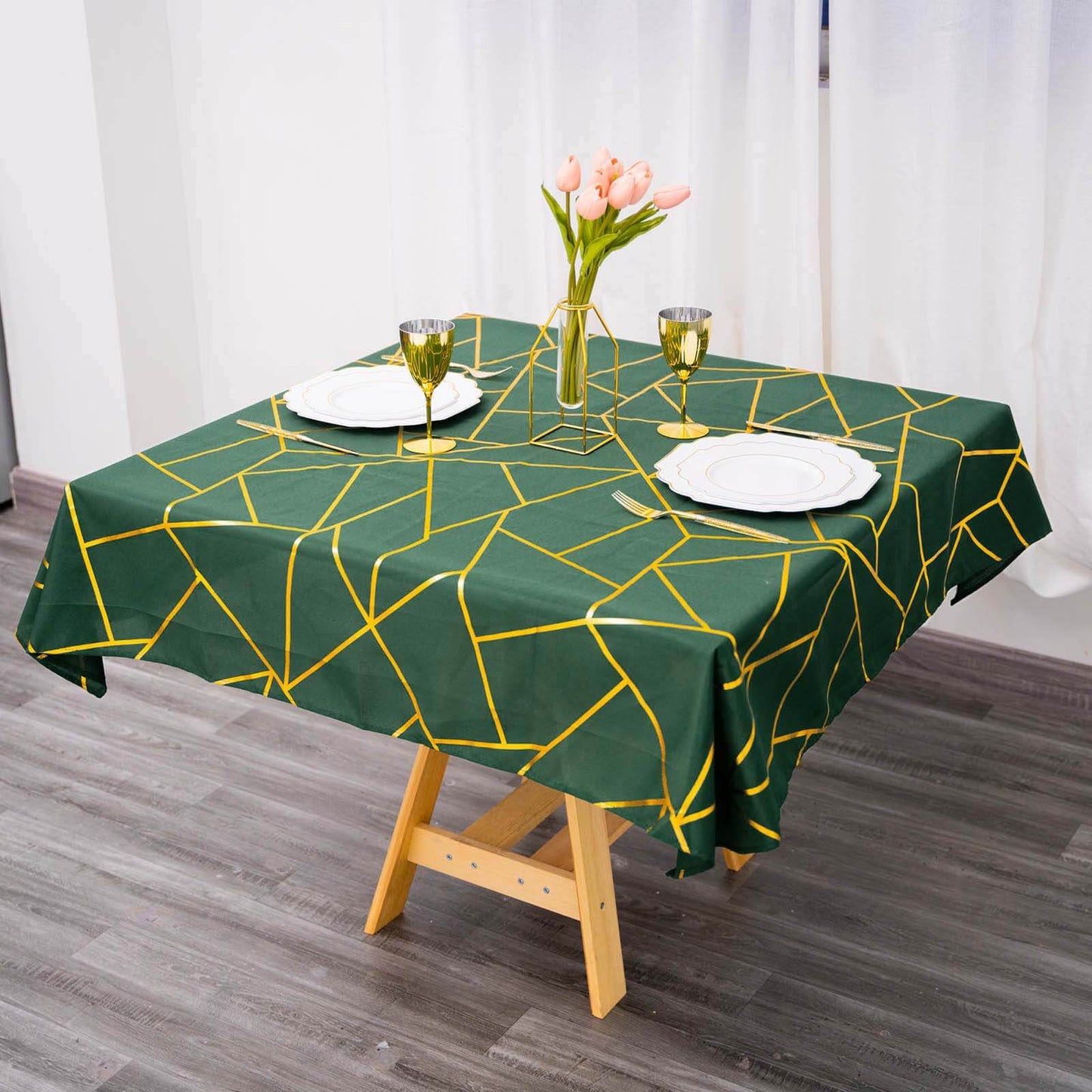 Polyester 54"x54" Square Tablecloth Hunter Emerald Green with Gold Foil Geometric Pattern - Wrinkle-Resistant & Durable Table Cover