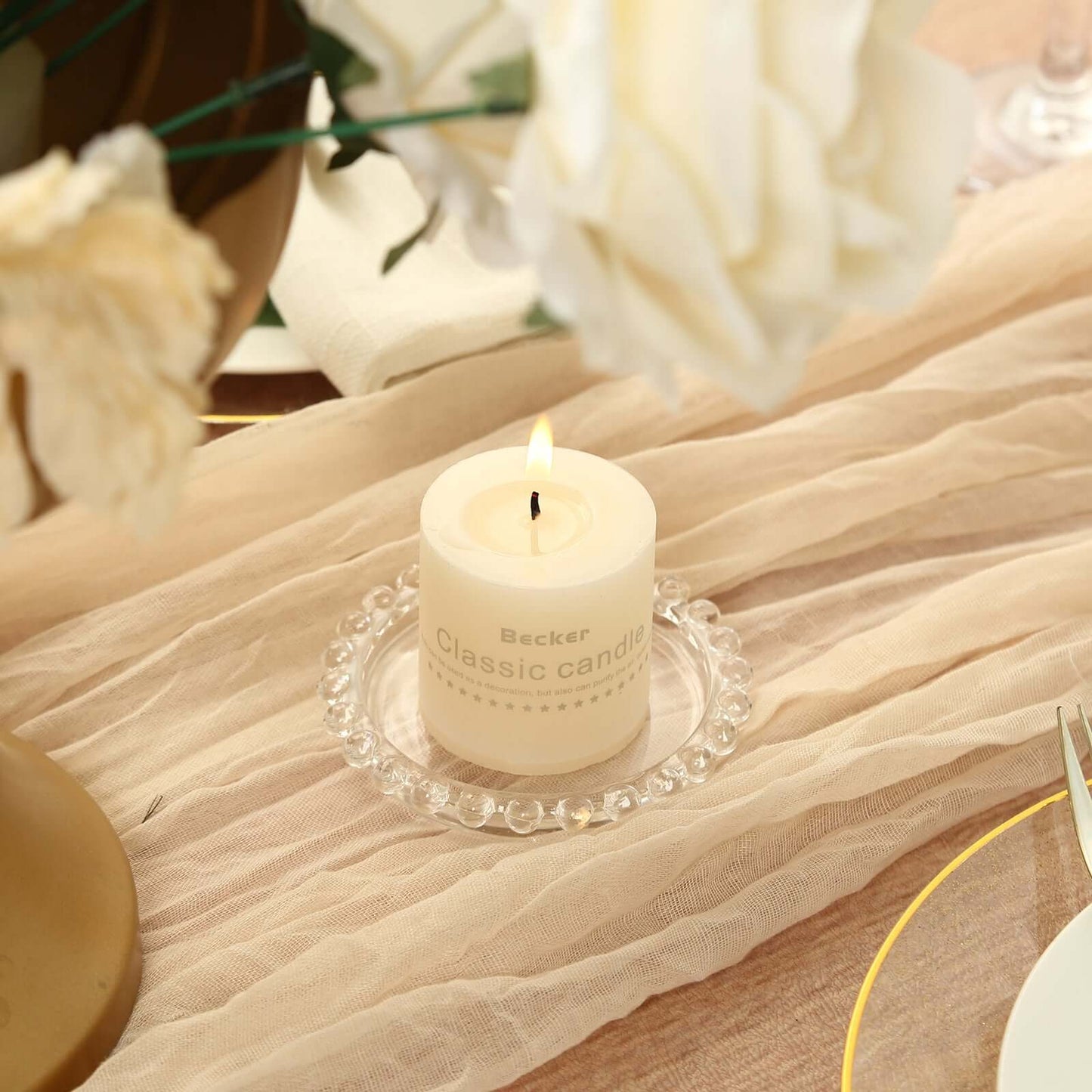 6-Pack Glass Pillar Candle Holder Plates Clear with Beaded Rims - Transparent Small Round Coaster Trays 4"