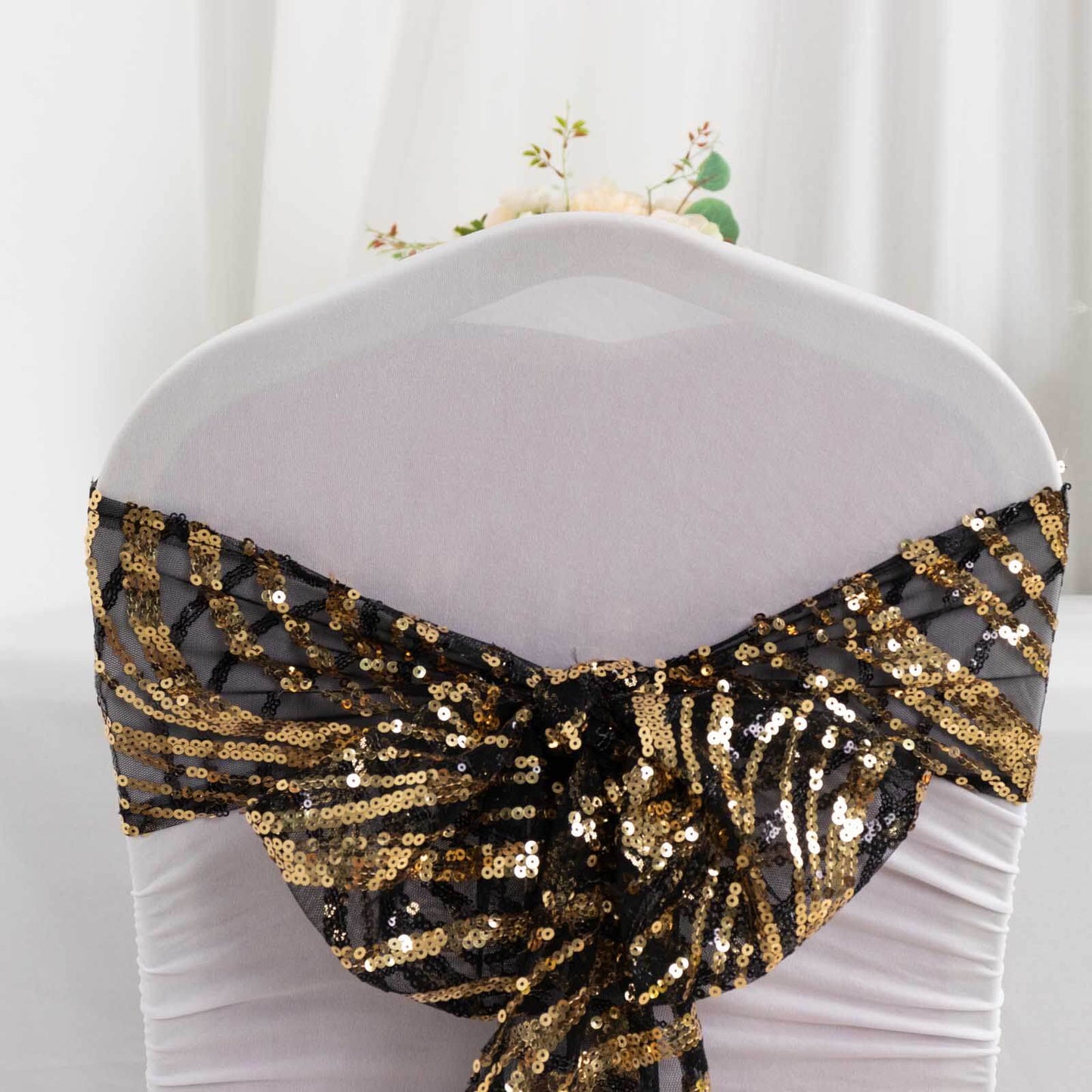 5 Pack Chair Sashes with Wave Embroidered Sequins Black/Gold 6"x88" - Stylish Glittering Decor for Weddings