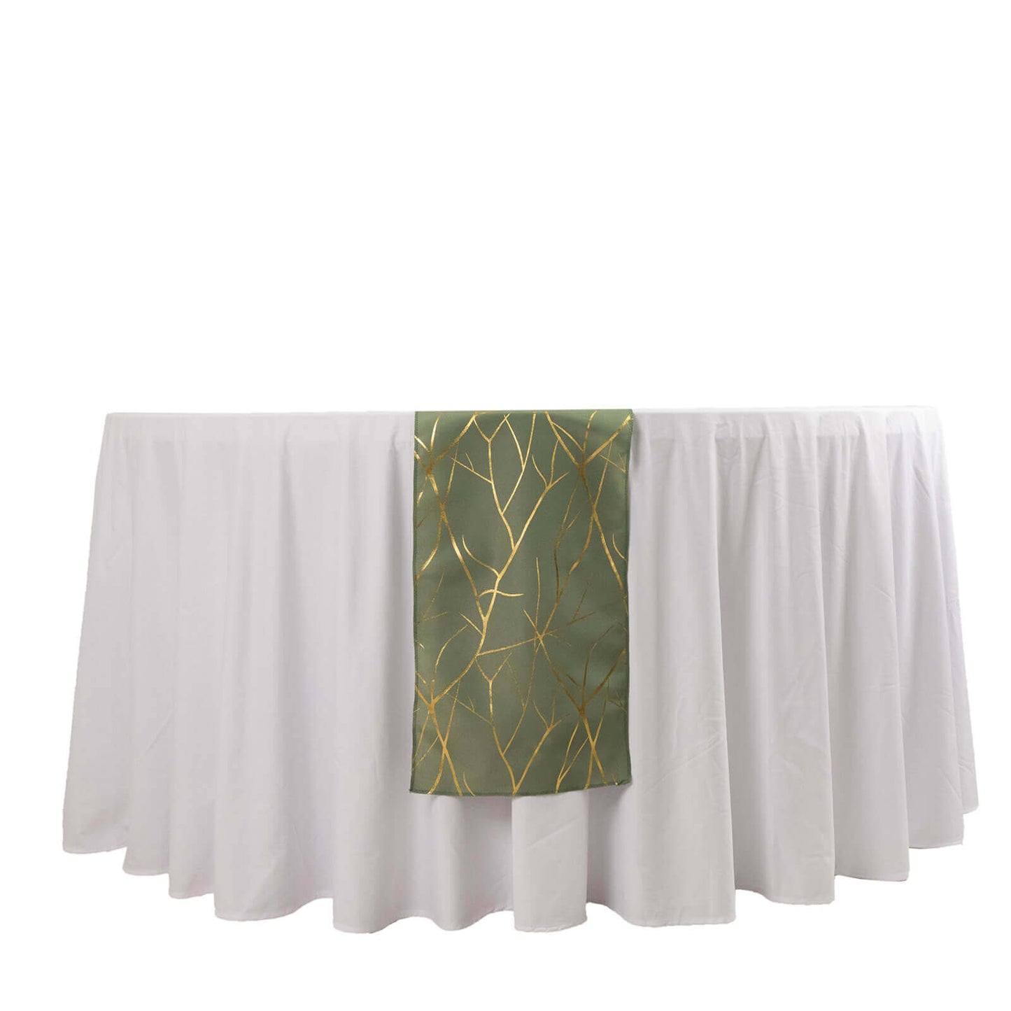 Polyester 9ft Table Runner Dusty Sage Green with Gold Foil Tree Branch Pattern - Stylish Table Linen