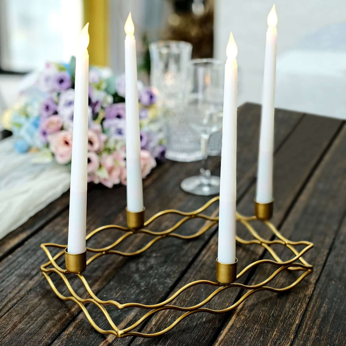 Rectangular Taper Wreath Candelabra 4 Arm Gold Metal Candle Holder Centerpiece - Stylish Wedding Decor 12"x8"